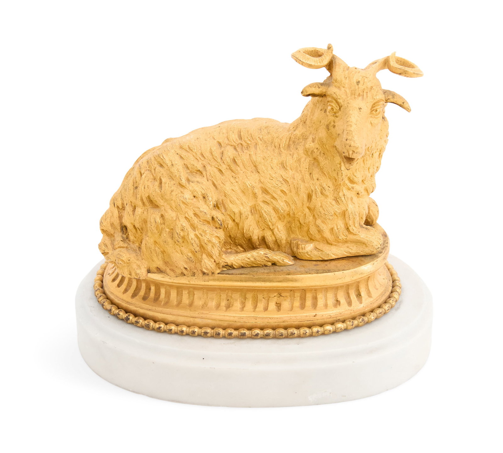 Belle Epoque Gilt-Bronze and Marble Ram: Belle Epoque Gilt-Bronze and Marble Ram ca. 1900, the reclining ram on a fluted base, raised on a white marble plinth. h. 4-1/2", w. 4-3/4", d. 3-3/4" Provenance: Kevin Stone Antiques, The Collection 