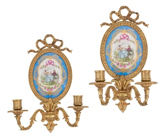 Pair of French Bronze and Porcelain Sconces