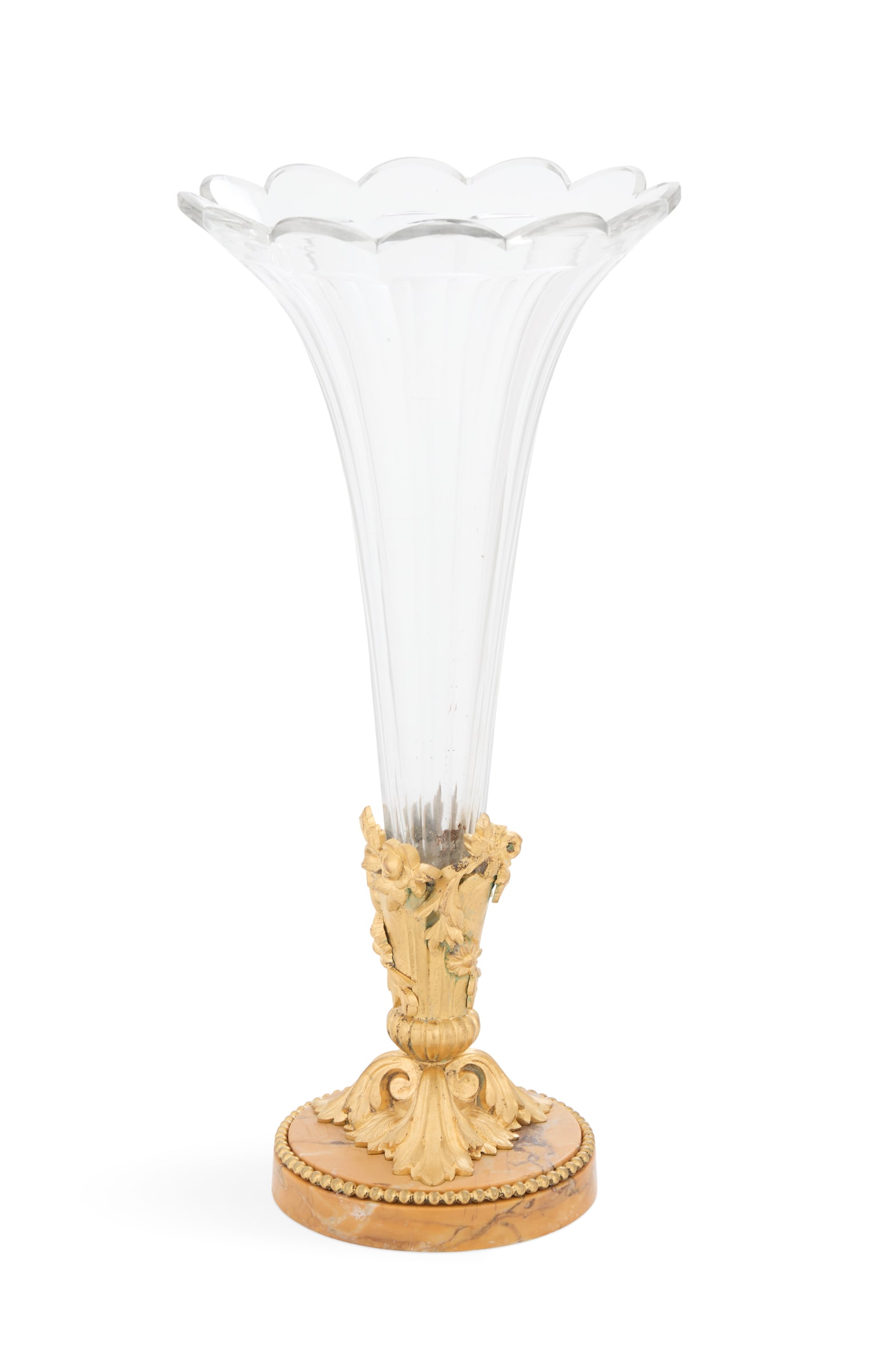 French Baccarat Crystal, Bronze and Marble Vase: French Baccarat Crystal, Bronze and Marble Vase 20th century, the crystal vase fitted in an ormolu-mounted stand decorated with flowers and filigree, above a circular marble base with a beaded ormolu 