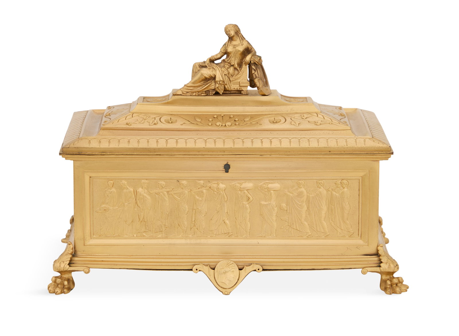 Signed Metal Casket in the Neo-Grec Taste: French Signed Metal Casket in the Neo-Grec Taste third quarter 19th century, the cover with a figure of the Muse Erato with her lyre, ivy vines and aesthetic sunflowers, the body with bas-relief neocl
