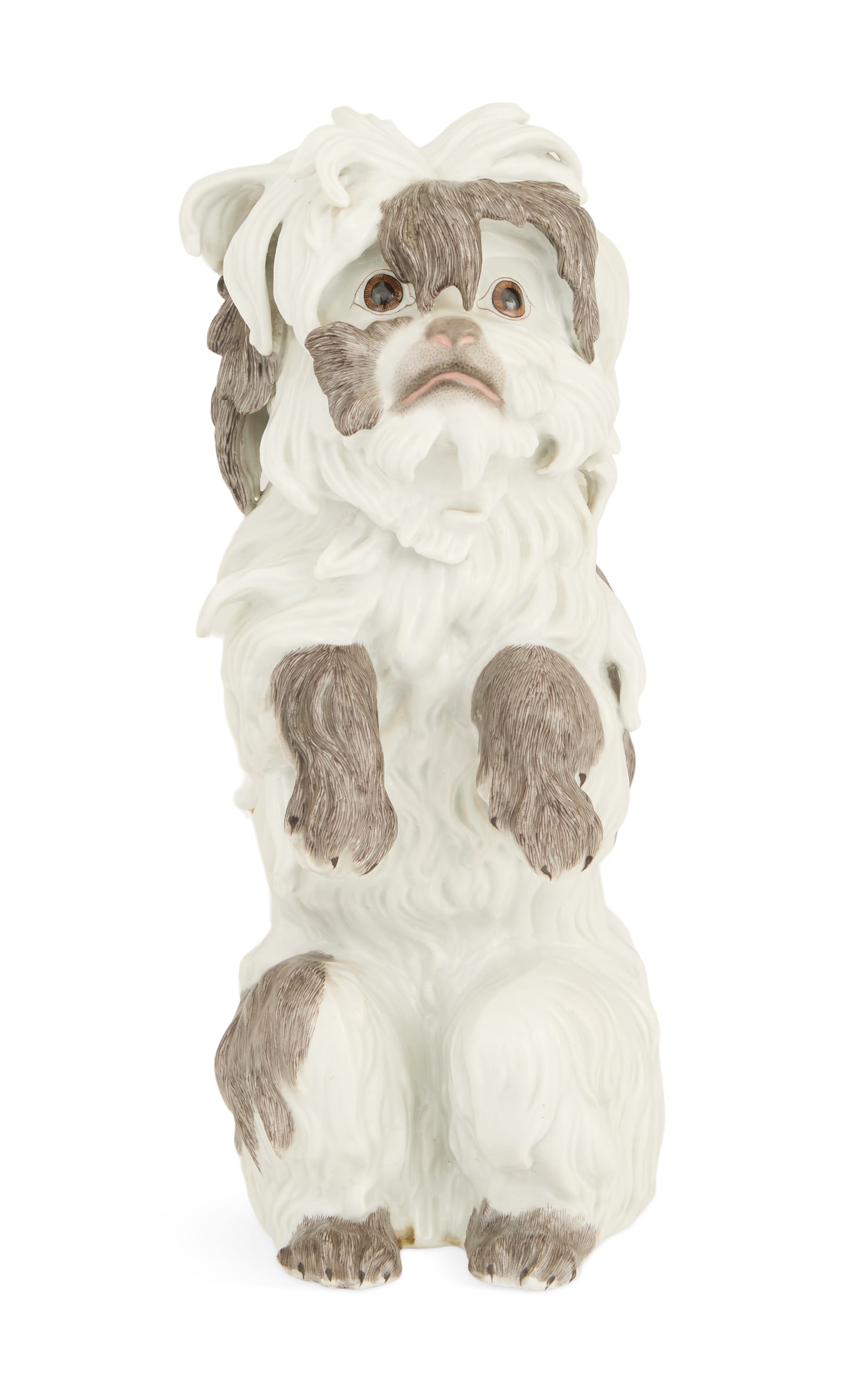 German Porcelain Pekingese Dog: German Porcelain Pekingese Dog 19th century, likely Dresden, carefully modeled with gray spots, modeled on its back legs, begging, unmarked. h. 11-1/2", w. 4-1/2", d. 6-1/4"