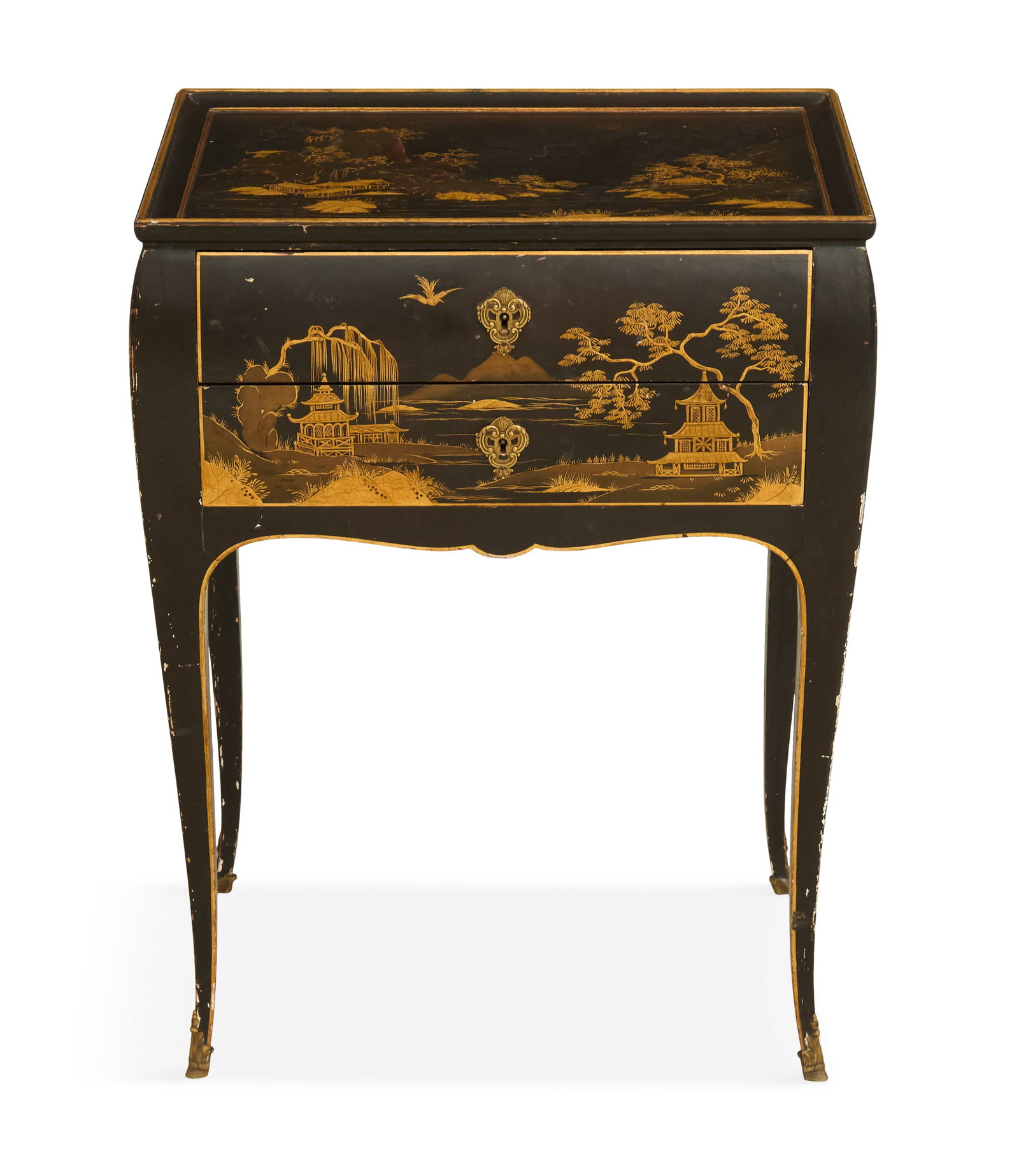 French Japanned Two-Drawer Stand: French Japanned Two-Drawer Stand mid-20th century, the stand with a tray top, over two drawers, decorated with willow trees, pagodas and birds on a black ground, on cabriole legs fitted with bronze sa