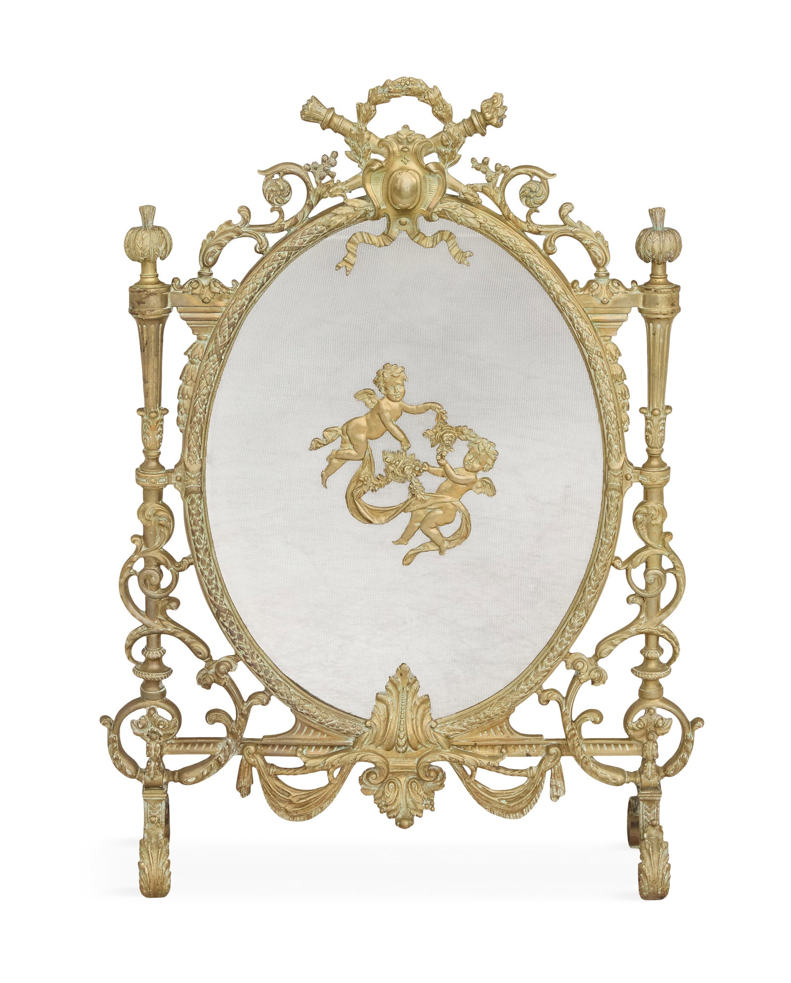 French Belle Epoque Bronze Firescreen: French Belle Epoque Bronze Firescreen late 19th century, the crest in the form of a wreath mounted with a crossed quiver and torch, supporting the oval leaf-molded frame, the screen centered with a pa