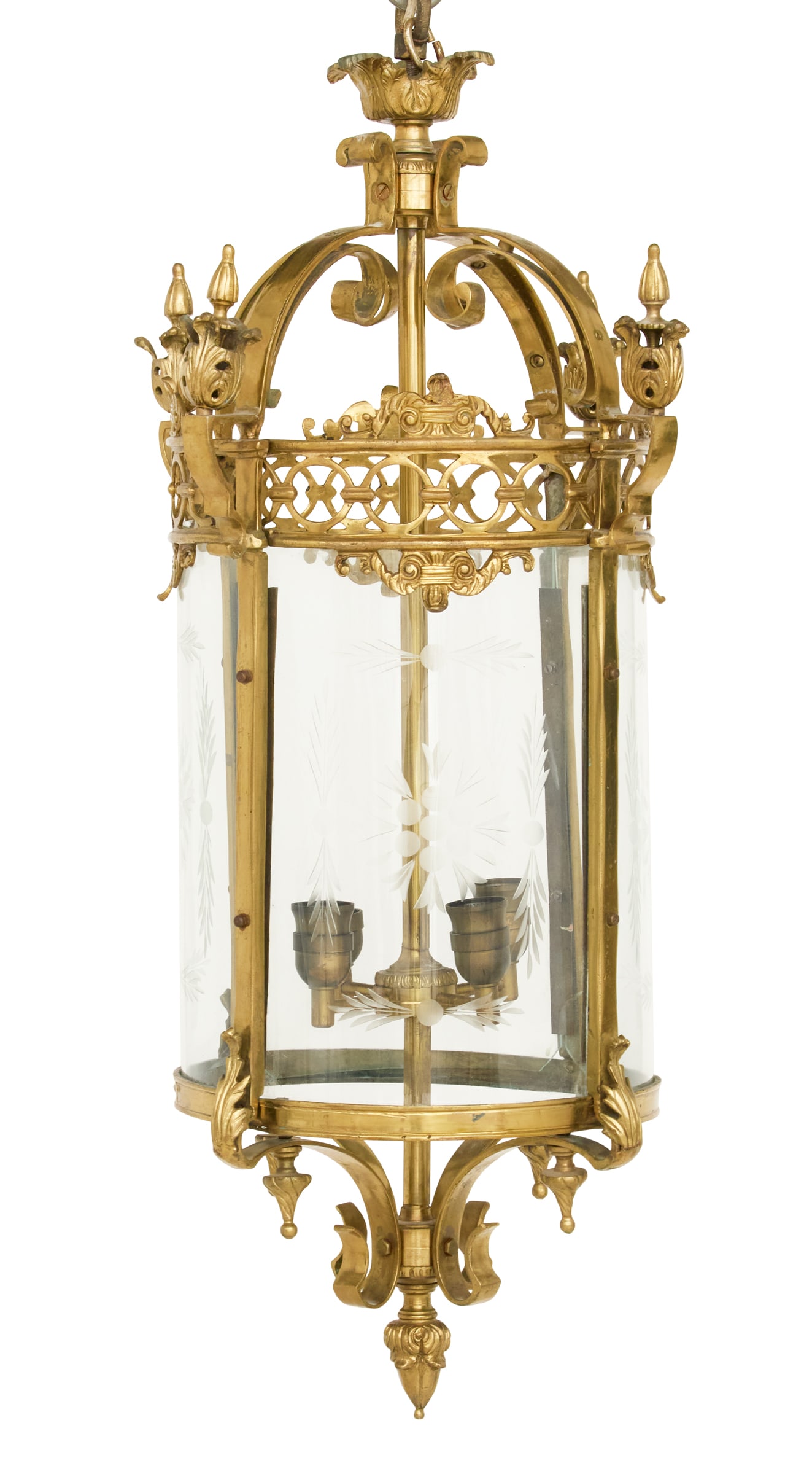 French Gilt-Bronze and Glass Hall Lantern: French Gilt-Bronze and Engraved Glass Hall Lantern 20th century, on scrolled, arched supports, the cylindrical lantern framed with a pierced upper border accented with leaf-molded crests, the corners 