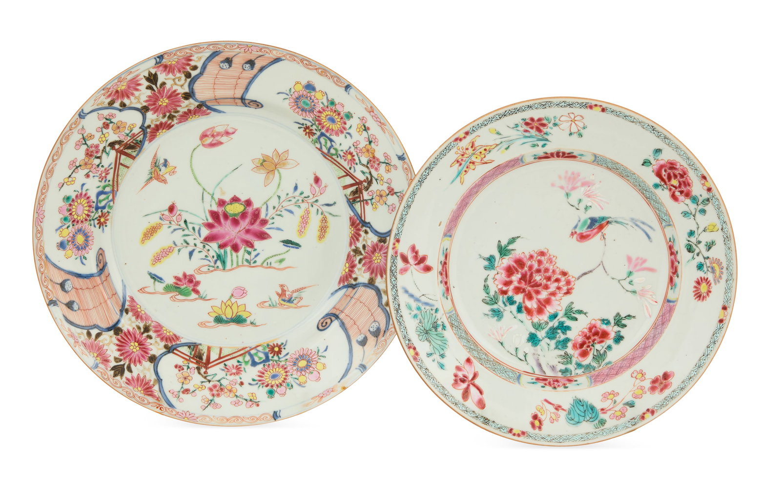 Two Chinese Export Qianlong Porcelain Plates: Two Chinese Export Qianlong Dynasty Porcelain Plates fourth quarter 18th century, in the famille rose palette, the larger plate with a central panel decorated with chrysanthemums and sprays of raised 