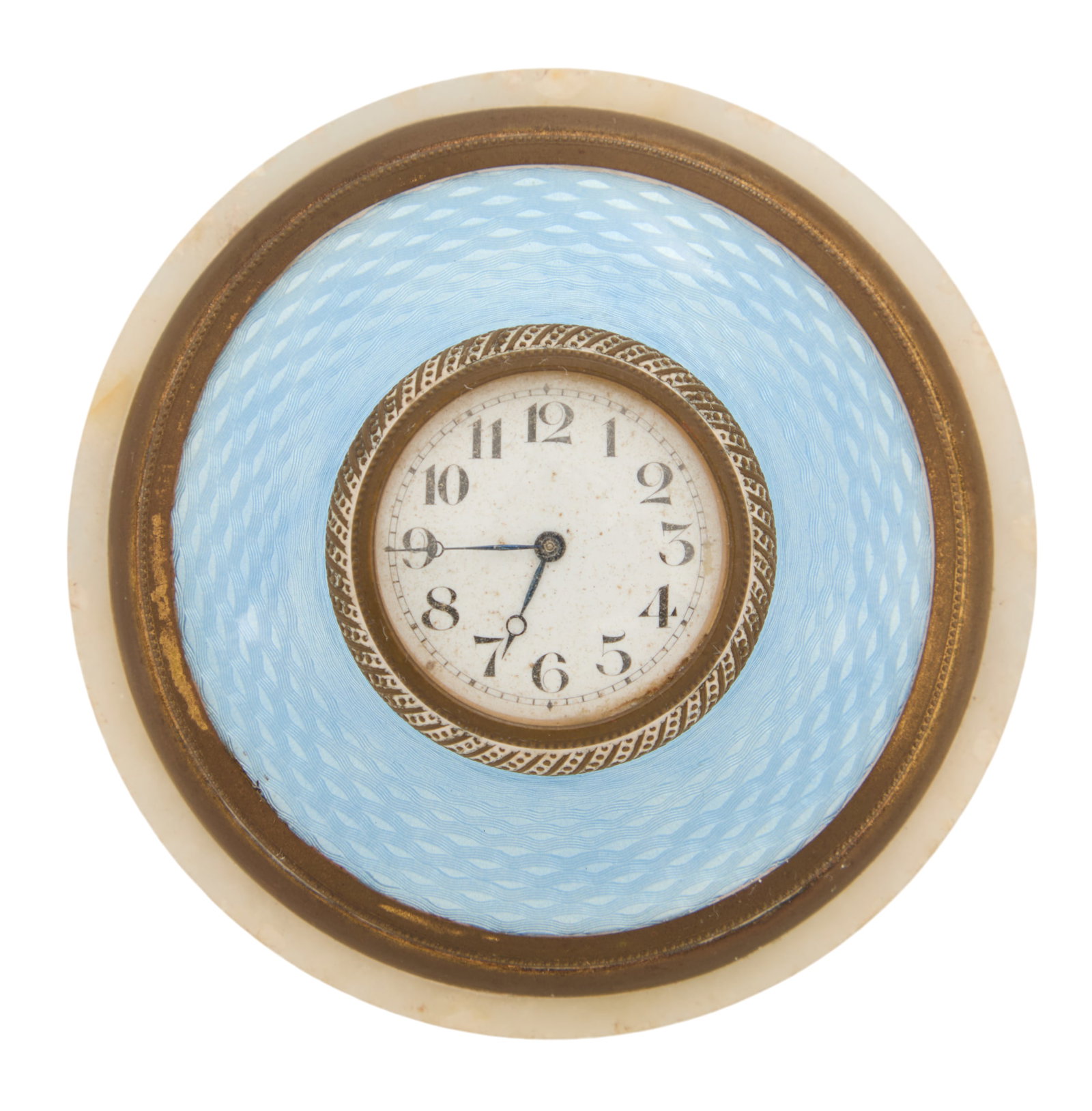 Guilloche Enamel, Brass and Onyx Desk Clock: Guilloche Enamel, Brass and Onyx Desk Clock early 20th century, the dial with an engine-turned bezel, set with a pale blue guilloche enamel body, with an onyx base. h. 1-1/2", dia. 3-1/2" Provenance: 