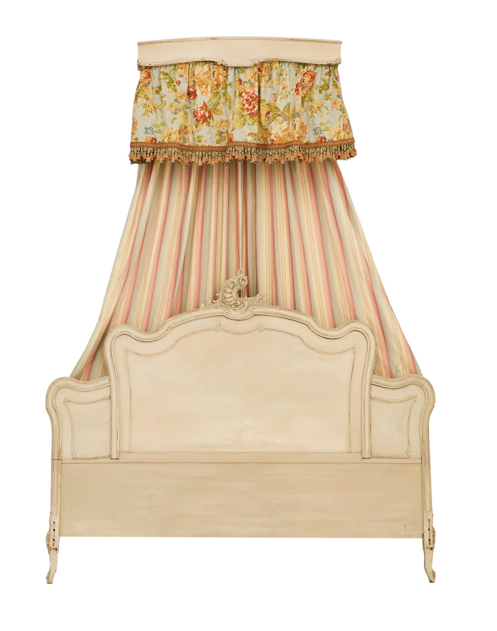 French King-Size Polychrome Headboard and Corona: French King-Size Polychrome Headboard and Corona 20th century, in the Louis XV taste, the box-form corona with floral draperies suspended above the carved and paneled headboard, modified from a full-s