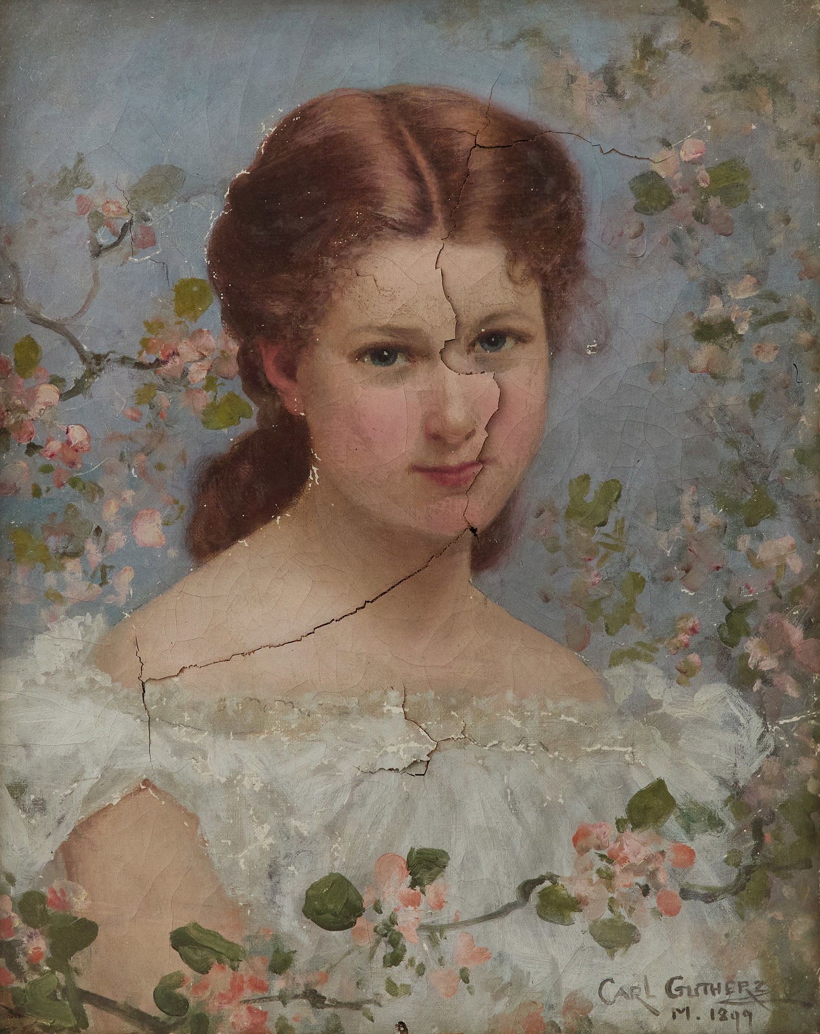 Carl Gutherz (Swiss/American, 1844-1907): Carl Gutherz (Swiss/American, 1844-1907) "Portrait of a Young Lady", 1899 oil on canvas signed and dated lower right. Glazed and framed. 14" x 12", framed 27-1/2" x 24-1/2"