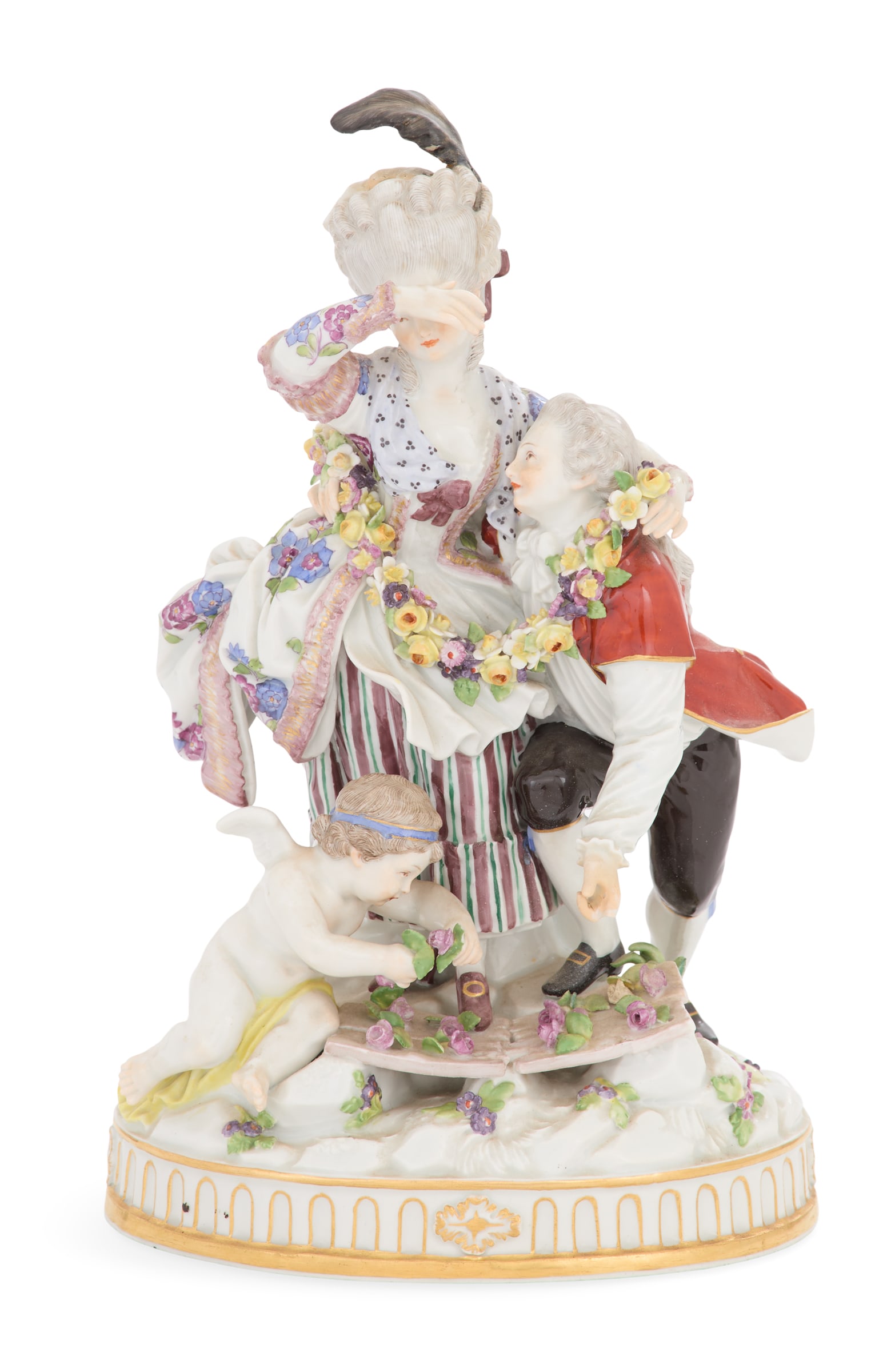 Meissen Porcelain Group of "The Broken Bridge": Meissen Porcelain Group of "The Broken Bridge" ca. 1861-1924, after Michel Acier, modeled as a gallant man helping a lady across a broken bridge, a cupid strewing flowers in her path, with an undergla