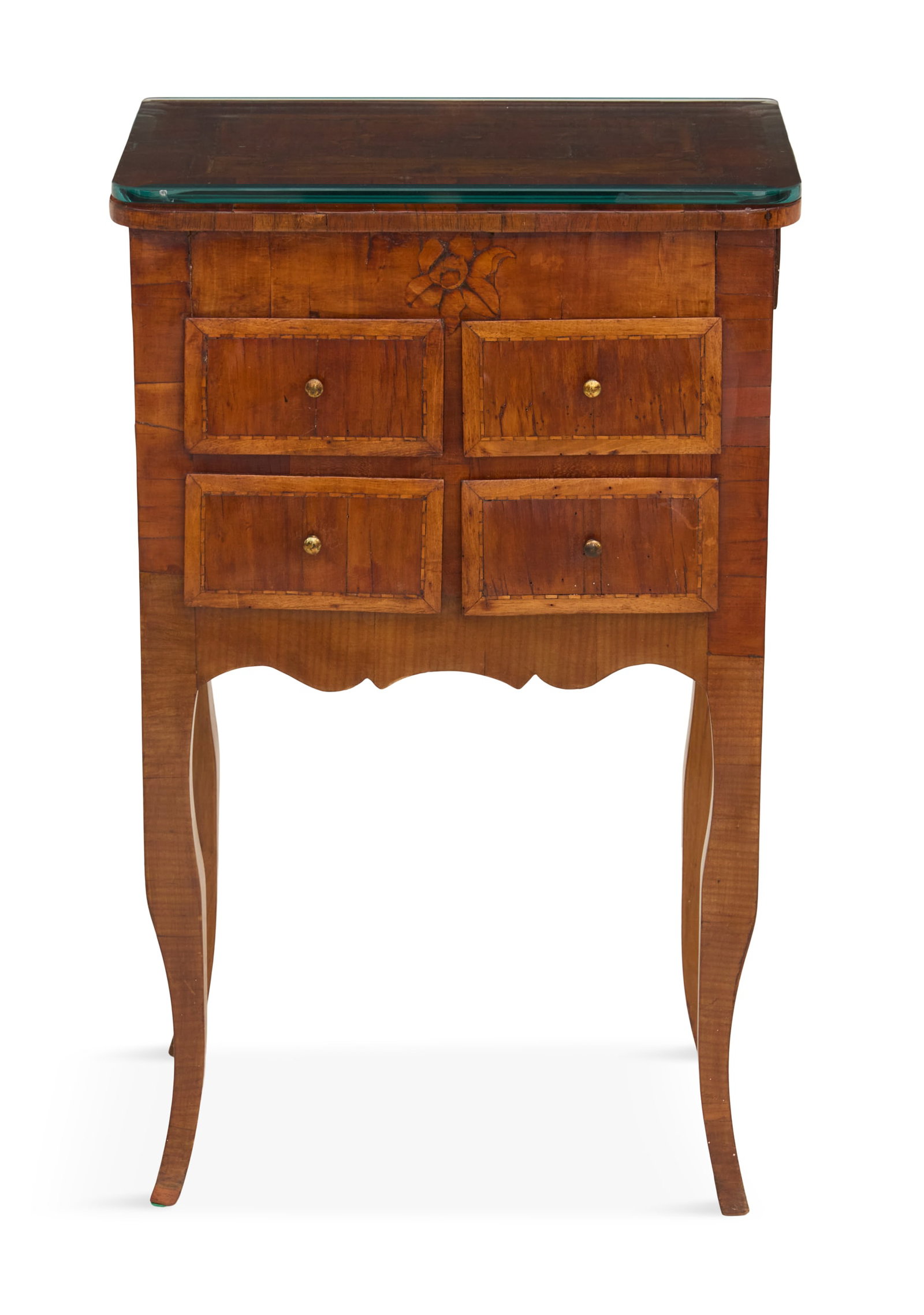 Louis XV Kingwood-Inlaid Side Table: Louis XV Kingwood-Inlaid Side Table 18th century, the top with an inlaid reserve of flowers and butterflies, set within a banded border, the front fitted with four small drawers, raised on cabriole le