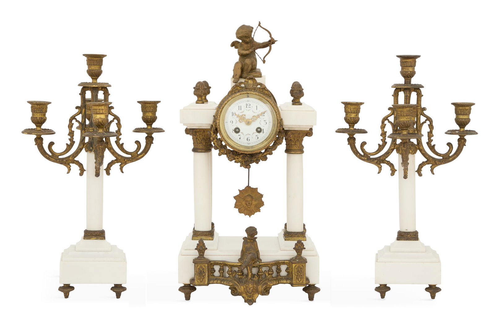 French Belle Epoque Three-Piece Clock Set: French Belle Epoque Three-Piece Clock Set late 19th century, the marble and gilt-metal clock with a cupid-form finial, the works set with a hand-painted dial, supported by composite columns, the base 