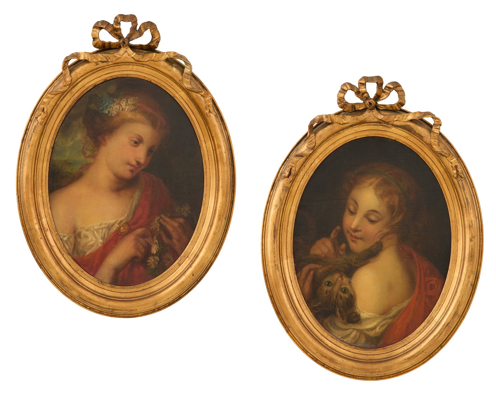 French School (19th Century): French School 19th Century "Femme Avec et Chat" "Jeune Fille et Fleurs" two oils on canvas unsigned. In matching antique gessoed and giltwood bow-top oval frames. each 18-1/2" x 13-1/2" oval, framed 2