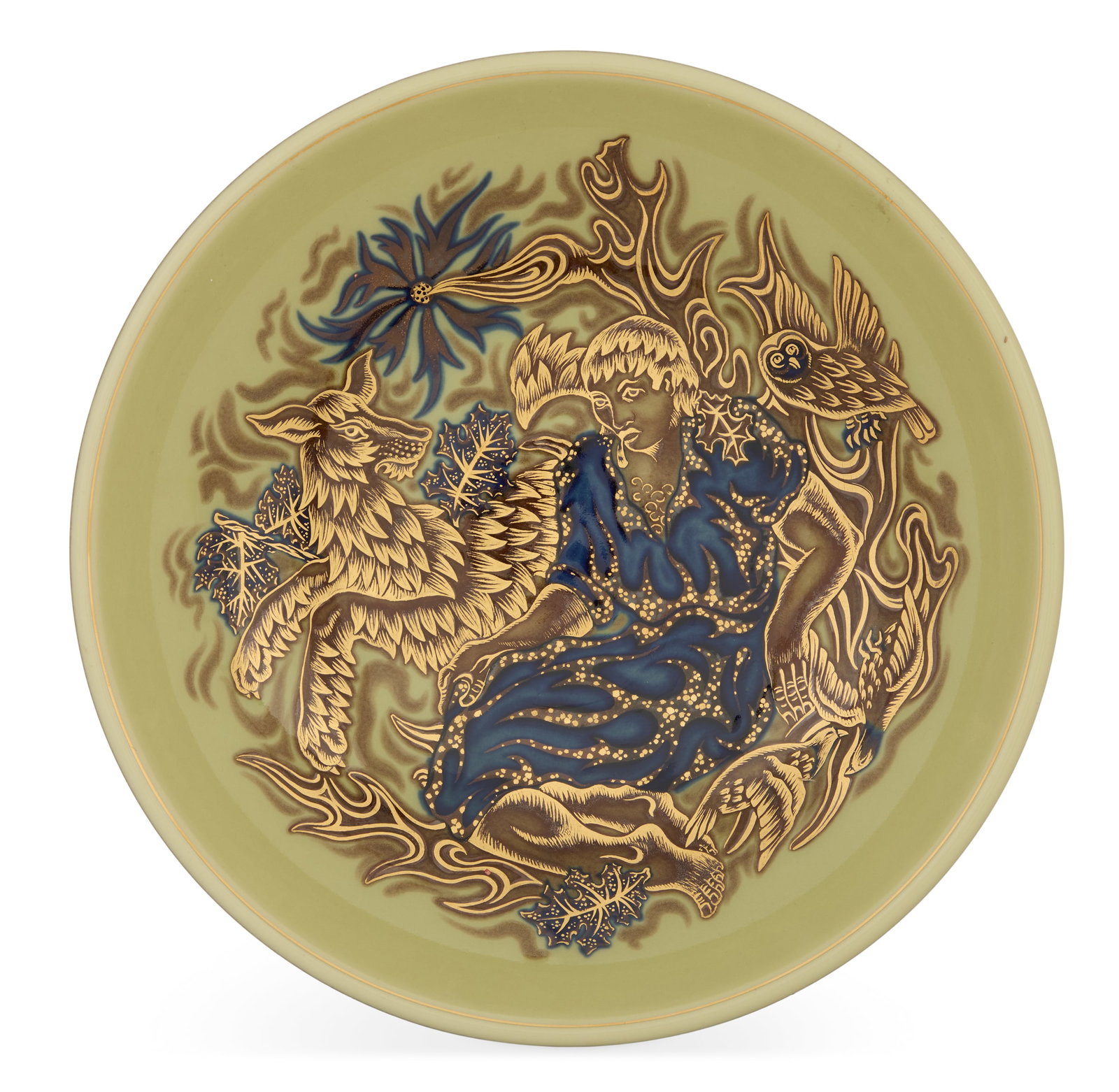 French Sevres Porcelain Coupe: French Sevres Porcelain Coupe ca. 1947, decorated by Paul Gaucher, the Art Deco coupe with a cobalt, gilt and brown Athena, with an owl and deer, on a celadon ground, the sides in a rich