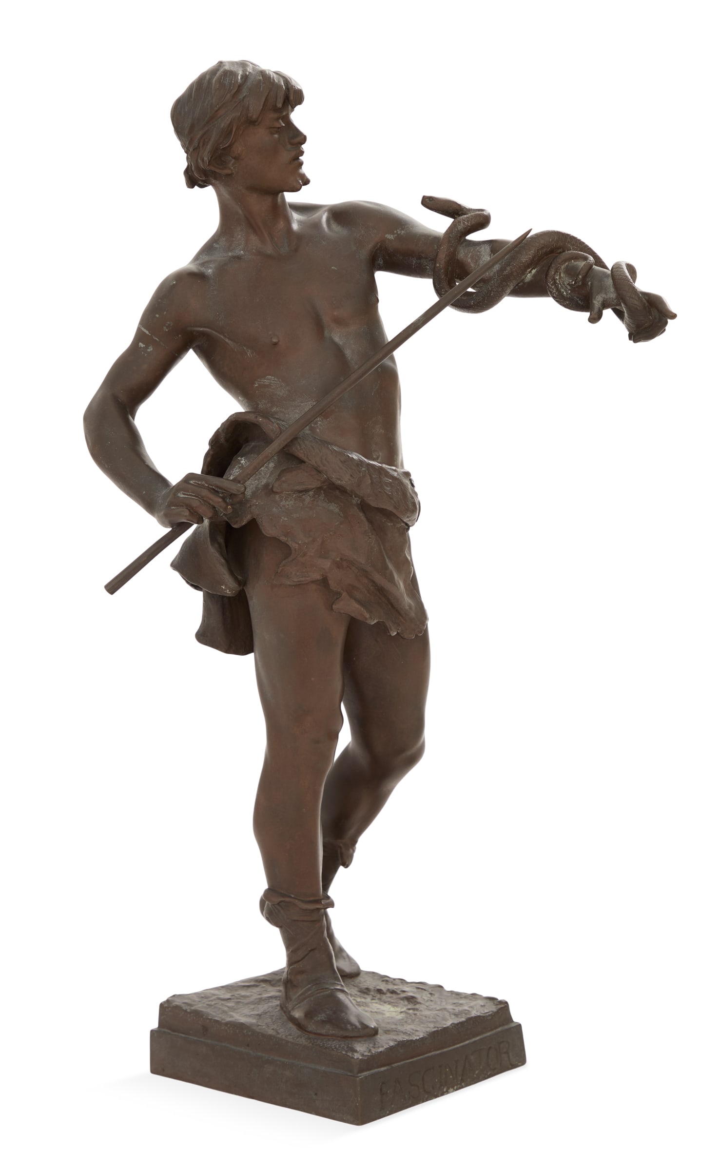 Bronze Figure of "Le Fascinateur": Bronze Figure of "Le Fascinateur" early 20th century, after Eugene Marioton (1857-1933), depicting a snake charmer, inscribed "Fascinator" on the front of the plinth and "E Marioton" on the side. h. 2