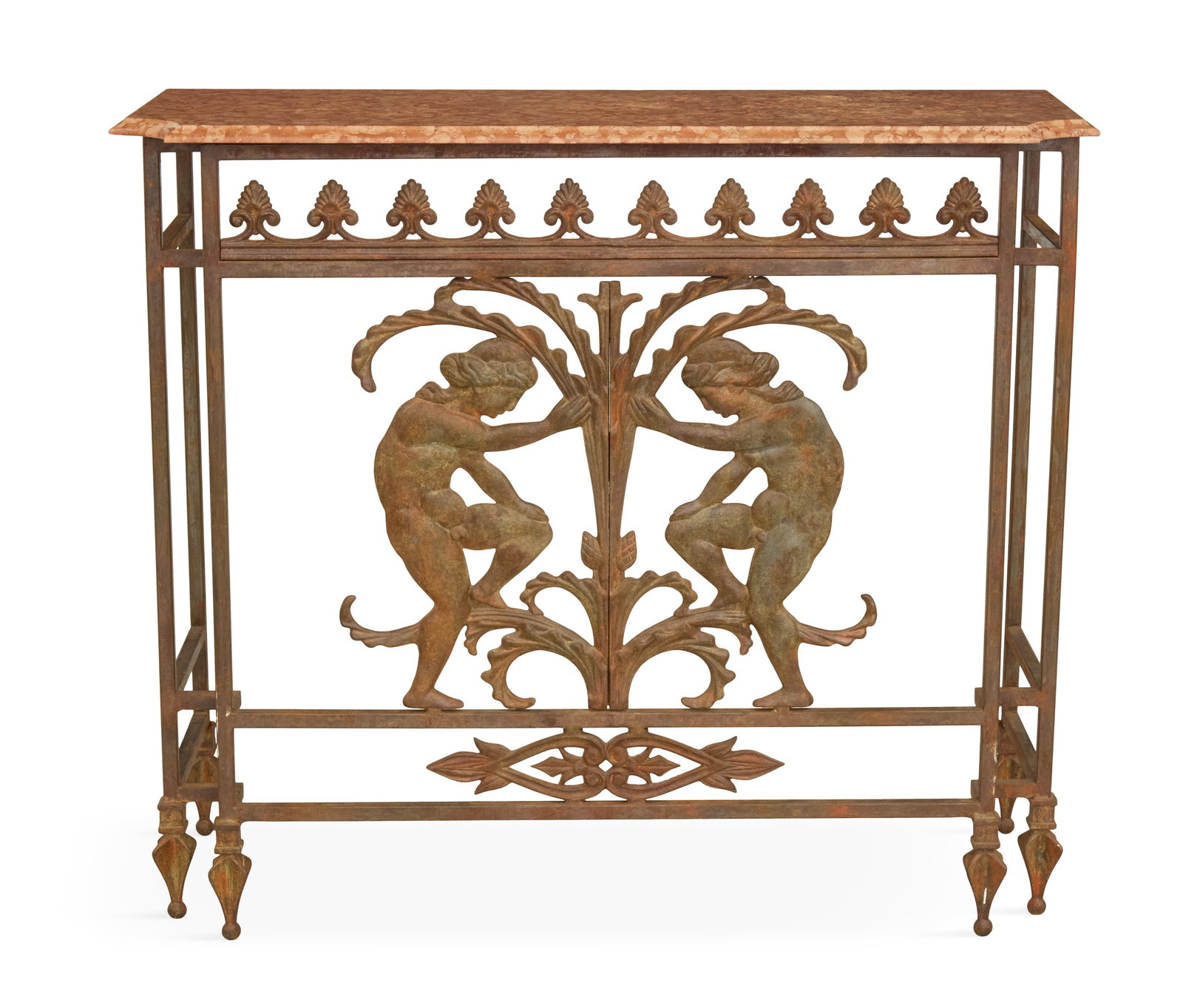 Continental Neoclassical Marble-Top Side Table: Continental Neoclassical Iron and Marble-Top Side Table 20th century, the rectangular marble top with clipped corners, above a box-form iron base featuring two classical youths holding a central palm,