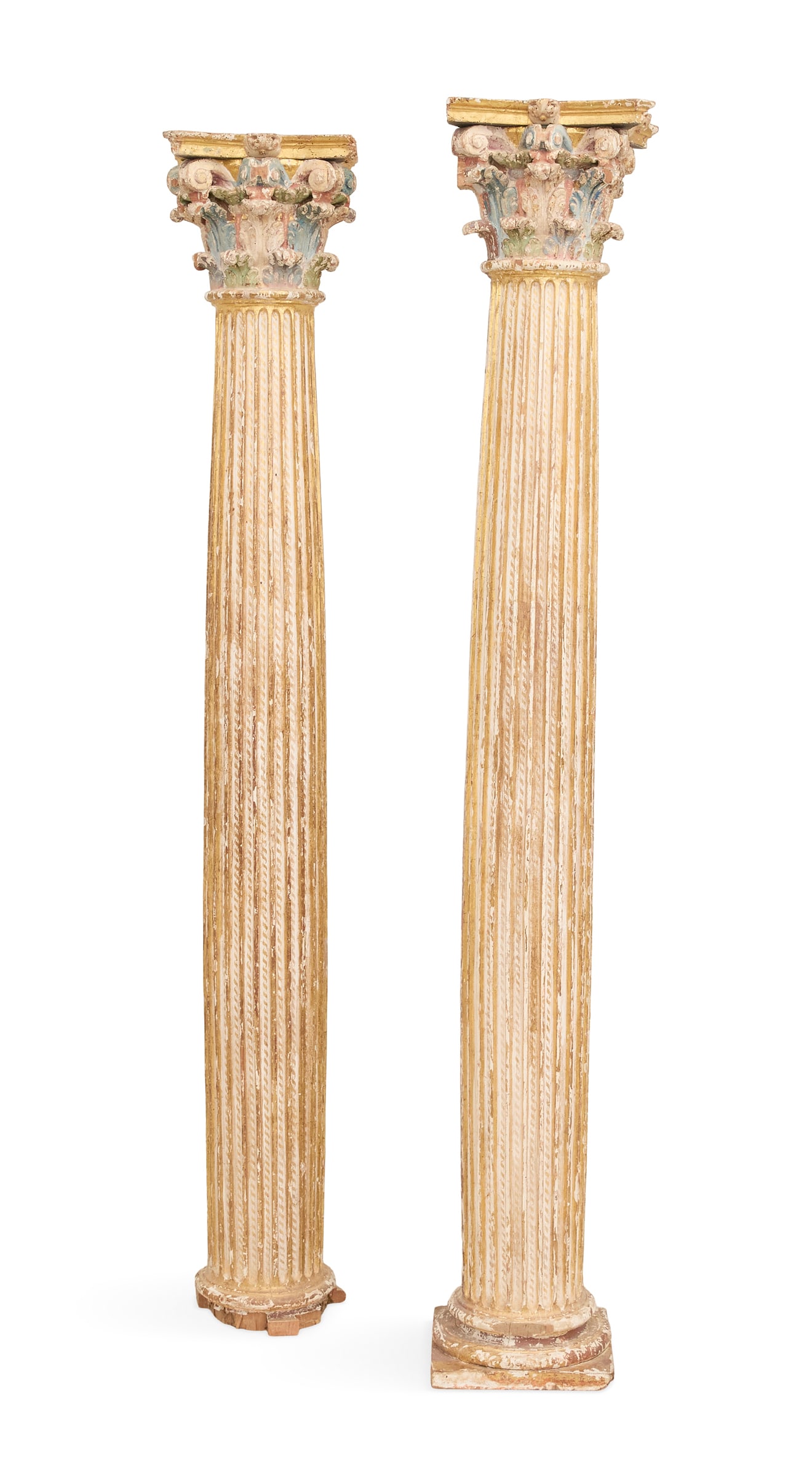 Pair of Continental Architectural Columns: Pair of Continental Architectural Giltwood Columns 19th century, the Corinthian capitals over fluted standards, the flutes decorated with ribbon-bound reeds, on cove-molded bases with square plinths, 
