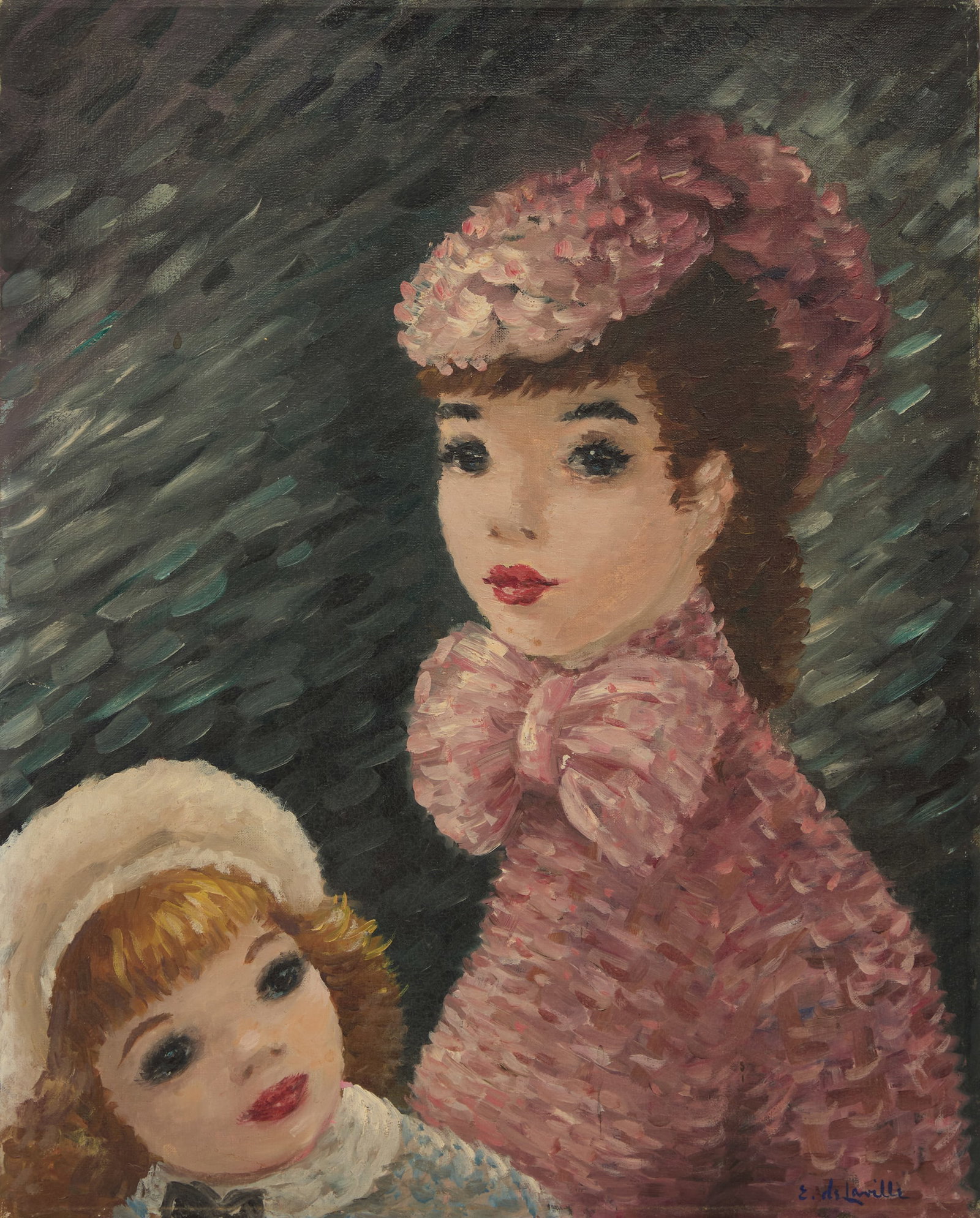 French School (20th Century): French School 20th Century "Mother and Child" oil on canvas signed lower right, and signed on stretcher bar en verso. Unframed. 20" x 16"