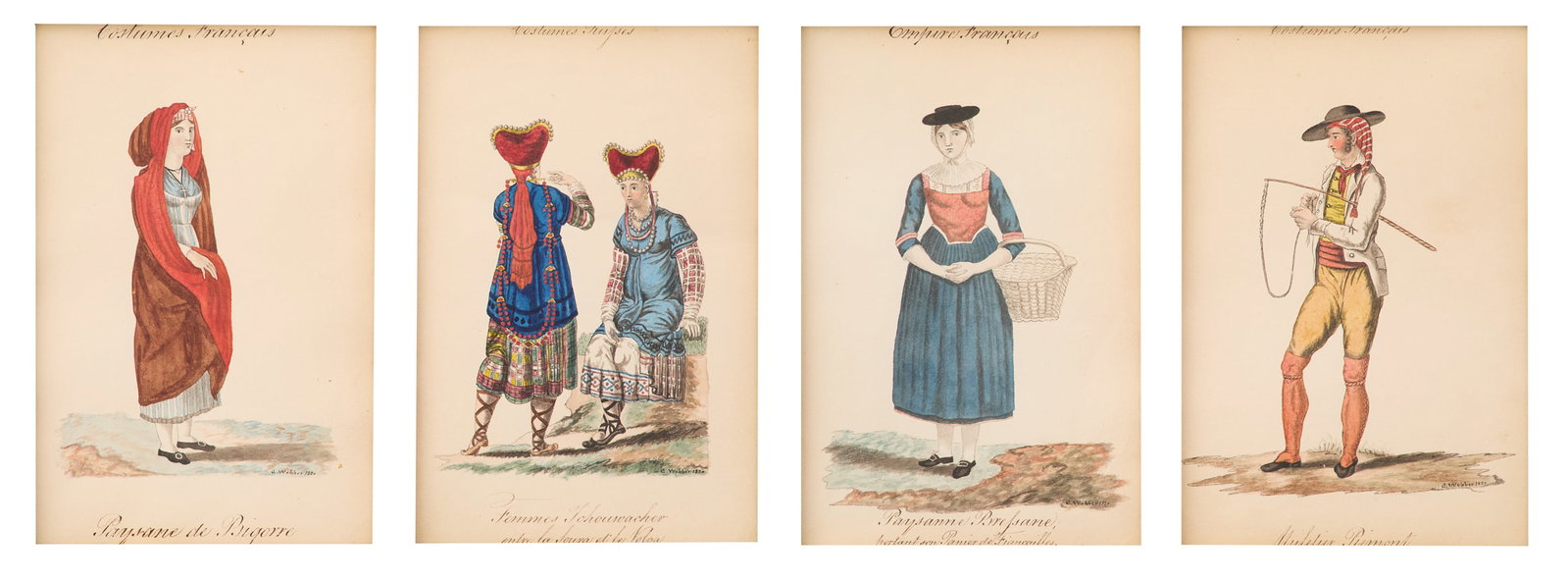 C. Webber (French, act. ca. Early 19th Century): C. Webber (French, act. ca. Early 19th Century) "Costumes Francais", 1820 four watercolors each signed and dated lower right, and titled upper and lower center. Two matted per frame. sight 7" x