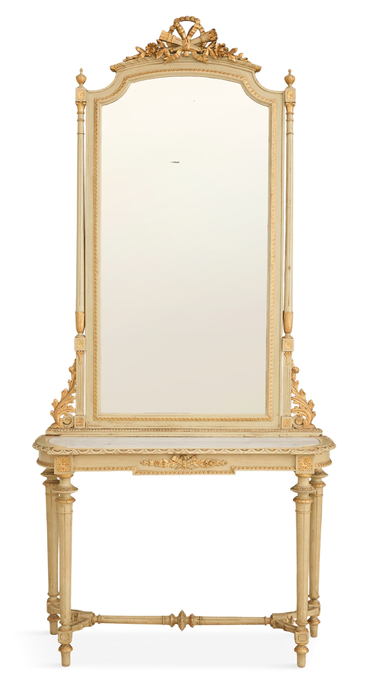 French Painted and Parcel-Gilt Console and Mirror: French Painted and Parcel-Gilt Console and Mirror early 20th century, of Louis XVI inspiration, the arched mirror with a pierced crest, carved with crossed trophies and trailing vines and flowers, the