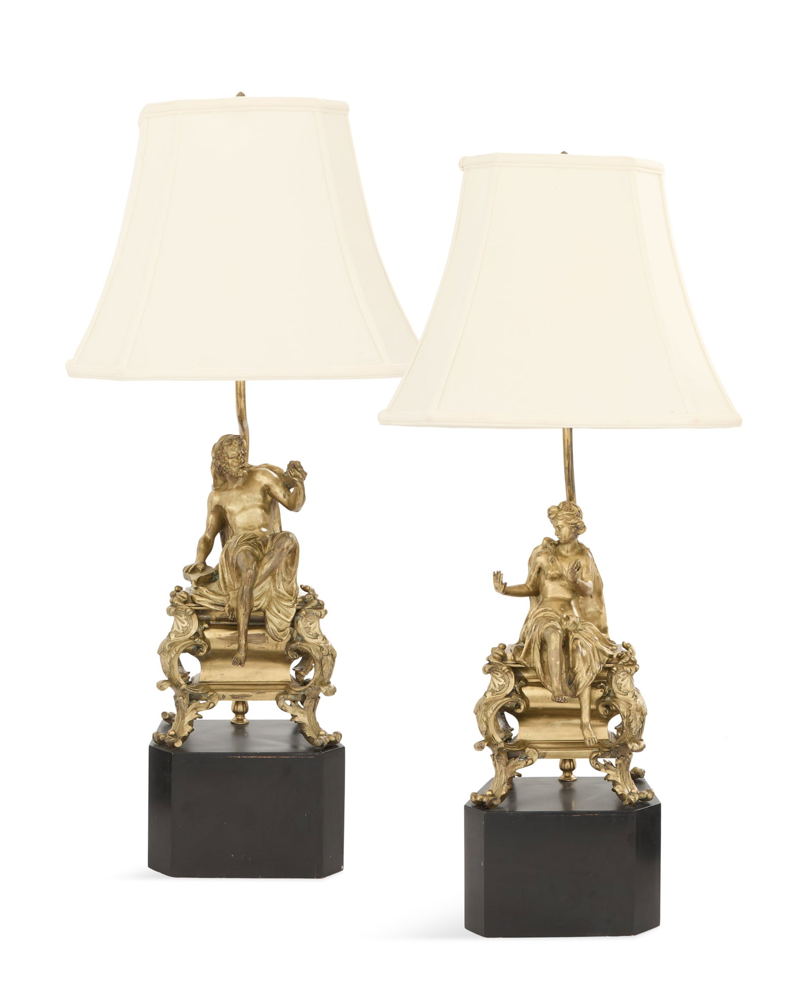 Pair of Napoleon III Figural Chenet Lamps: Pair of Napoleon III Figural Chenets Mounted as Lamps third quarter 19th century and later, decorated with figures of Vulcan and Venus, on scrolled and pierced feet accented with acanthus leaves and