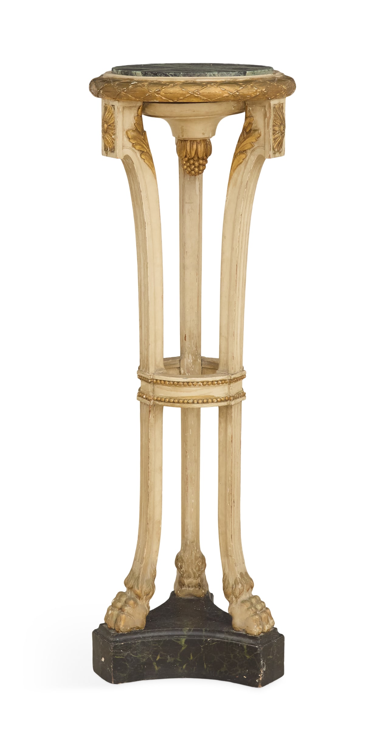 French Polychrome and Marble-Top Pedestal: French Polychrome, Parcel-Gilt and Marble-Top Pedestal ca. 1900, with a circular inset marble top supported by three down-curved legs ending in carved hoof feet, to a triangular plinth base. h. 48-1/4