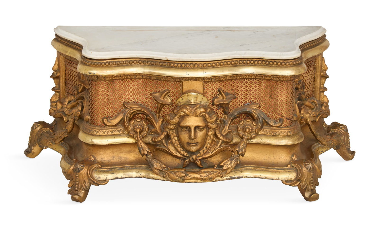 French Giltwood and Marble-Top Pier Mirror Base: French Giltwood and Marble-Top Pier Mirror Base 19th century, the conforming white marble top over a serpentine base, the front with a Minerva-head masque, raised on short scrolled feet. h. 17-1/2", w