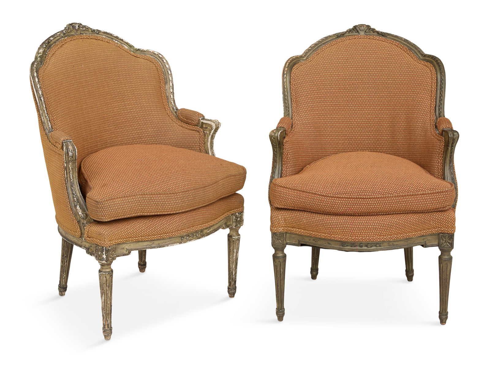 Pair of Louis XVI-Style Polychrome Bergeres: Pair of Louis XVI-Style Polychrome Bergeres 20th century, each with a carved and molded frame and loose seat cushion, raised on turned and fluted legs. h. 37", seat h. 19", w. 25", d. 23"