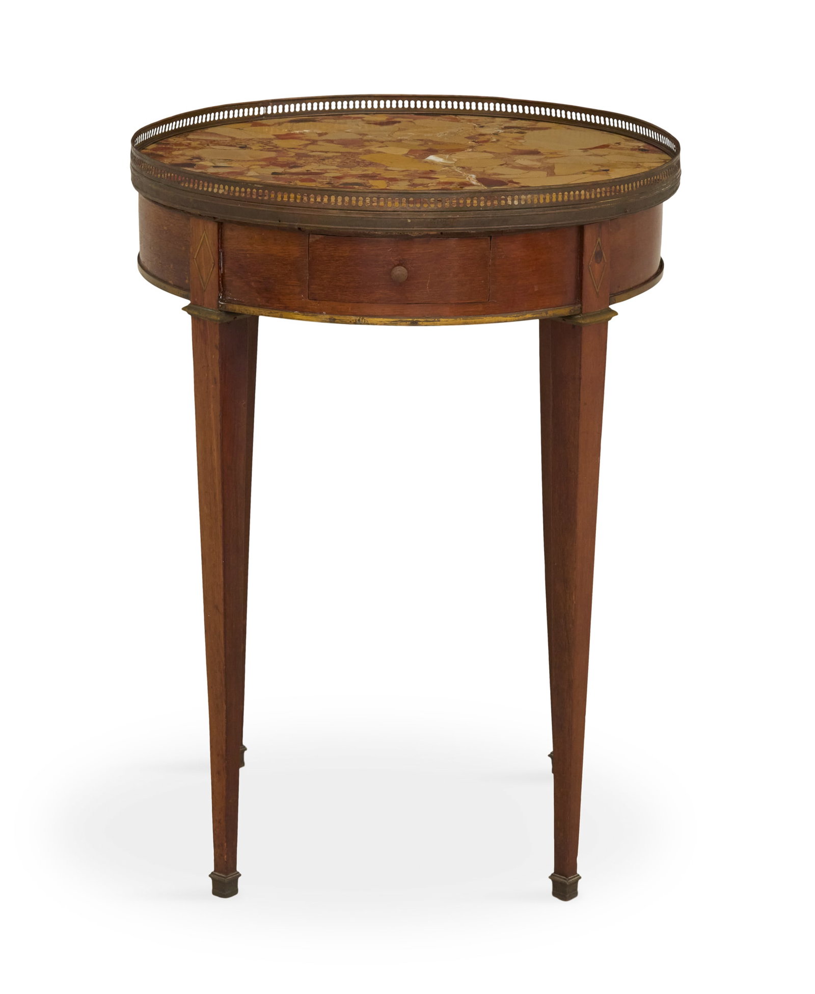 Louis XVI-Style Marble-Top Boulliotte Table: Louis XVI-Style Mahogany and Marble-Top Boulliotte Table 19th century, the circular Breche d'Aleps marble top within a full pierced brass gallery, above a frieze fitted with a single drawer, raised on