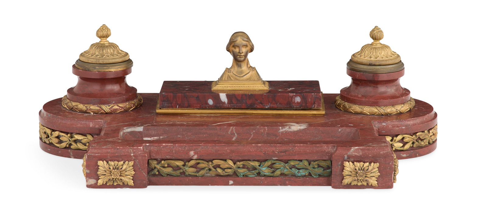 French Marble and Gilt-Bronze Encrier: French Marble and Gilt-Bronze Encrier late 19th century, the center decorated with a gilt-bronze bust of a female flanked by a pair of cove-molded inkpots with laurel-molded bronze covers, a carved pe