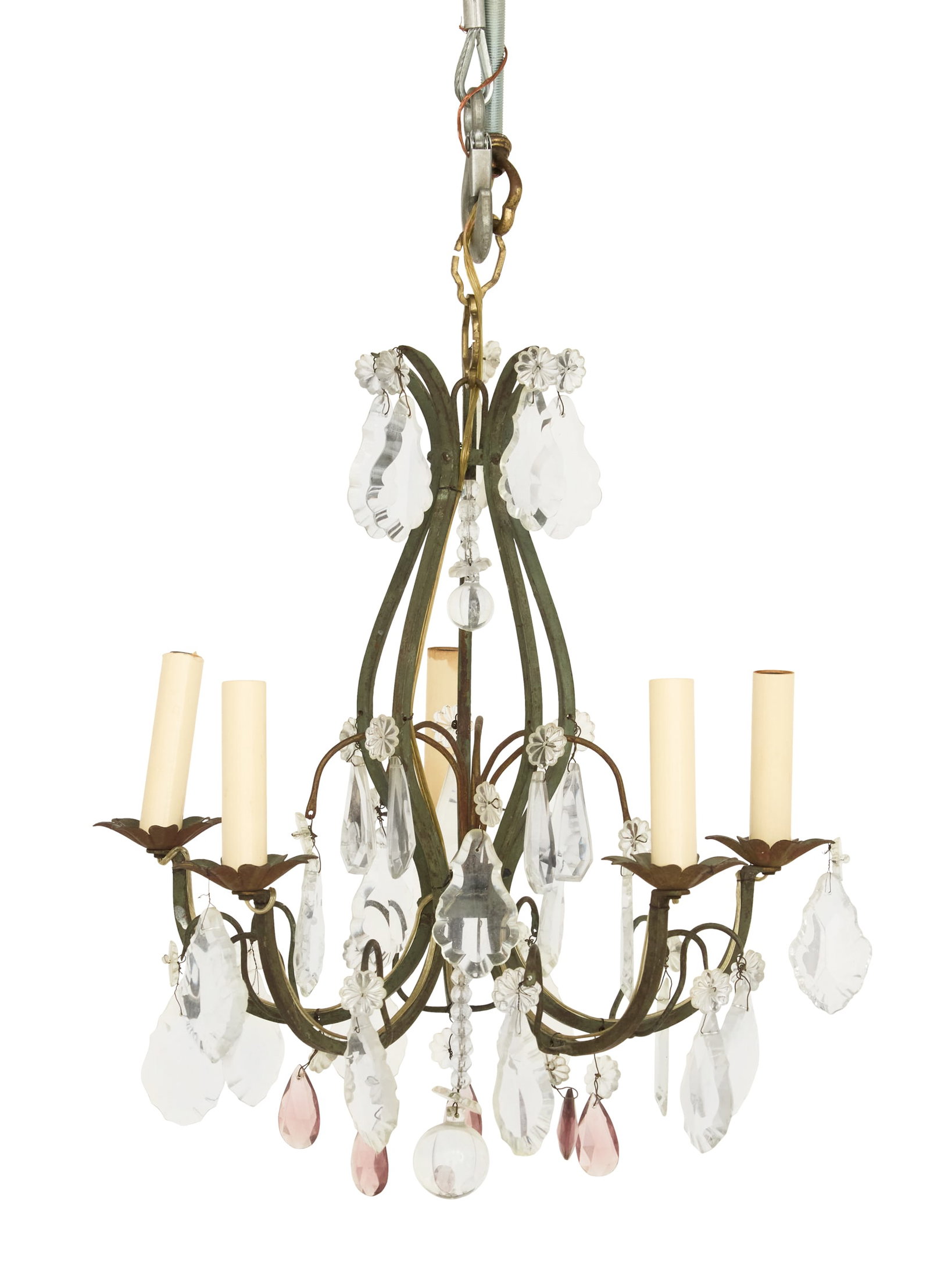 Petit Patinated Metal and Crystal Chandelier: Petit Patinated Metal and Crystal Chandelier early 20th century, the five-light chandelier with a vasiform pierced standard hung with a spray of cut-glass drops at the top, the curved arms set with fo