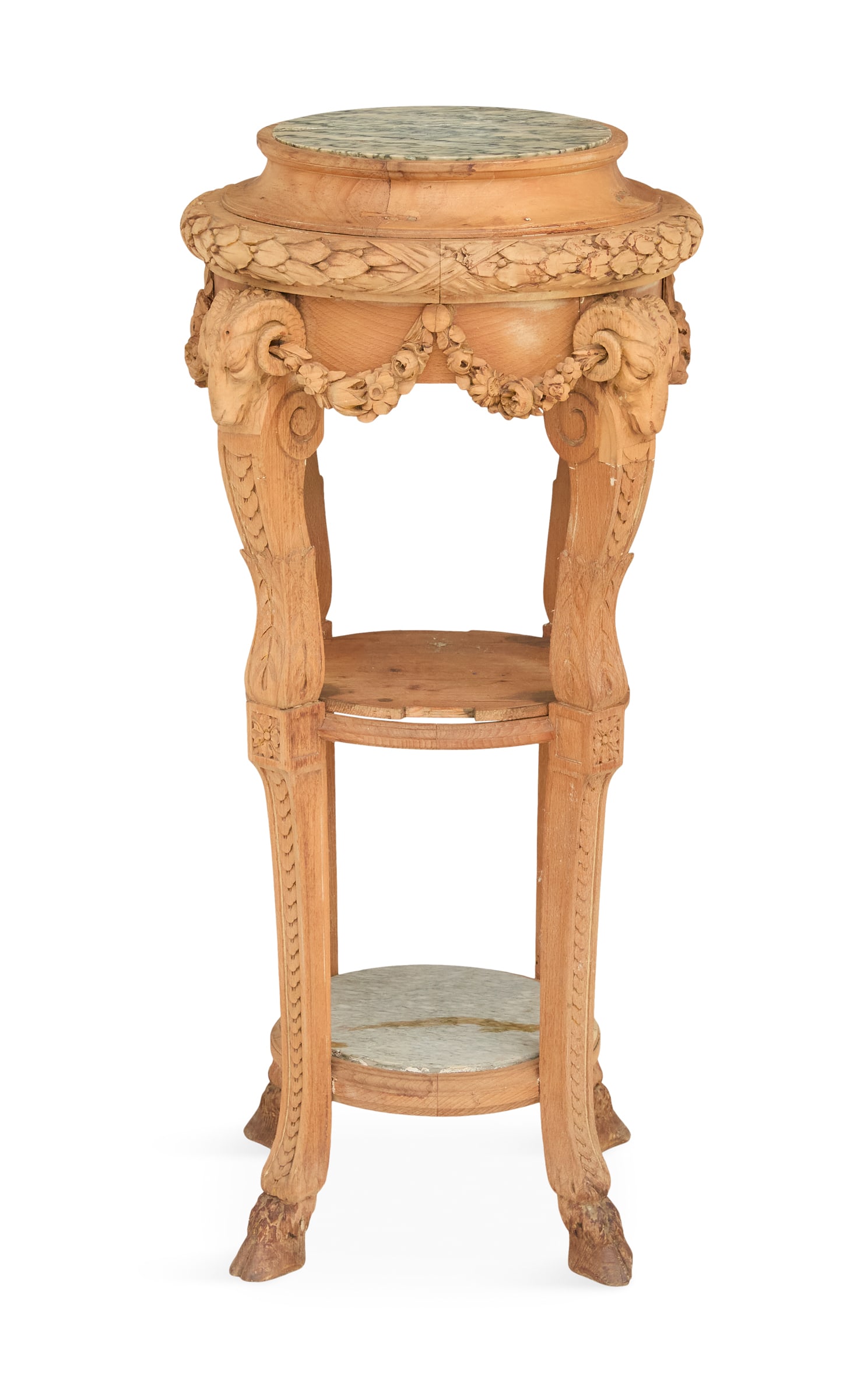 French Beechwood and Marble-Top Torchere Pedestal: French Beechwood and Marble-Top Torchere Pedestal late 19th century, the raised top with a circular Estours Green marble insert, the outer edge with carved laurel leaves, raised on four legs headed by