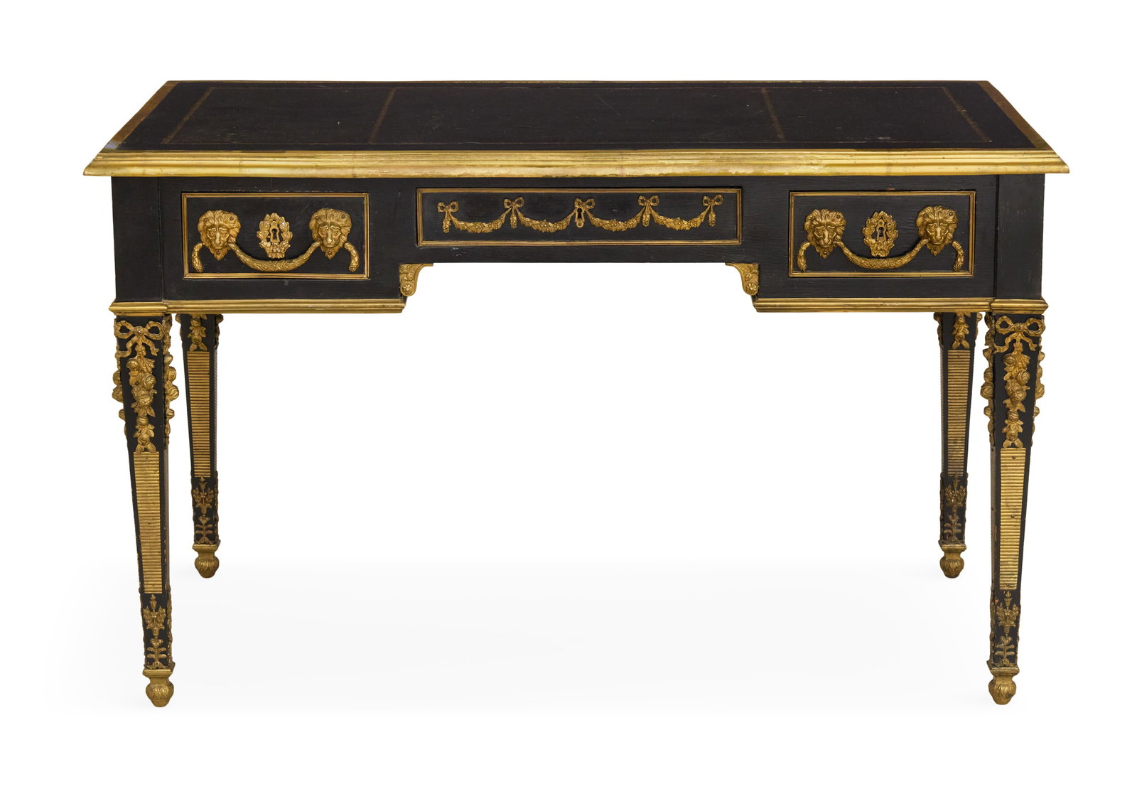 Louis XVI-Style Ormolu-Mounted Bureau Plat: Louis XVI-Style Ormolu-Mounted and Ebonized Bureau Plat late 19th century, the rectangular top with an inset leather surface and molded brass edge, above a frieze fitted with three drawers, raised on 