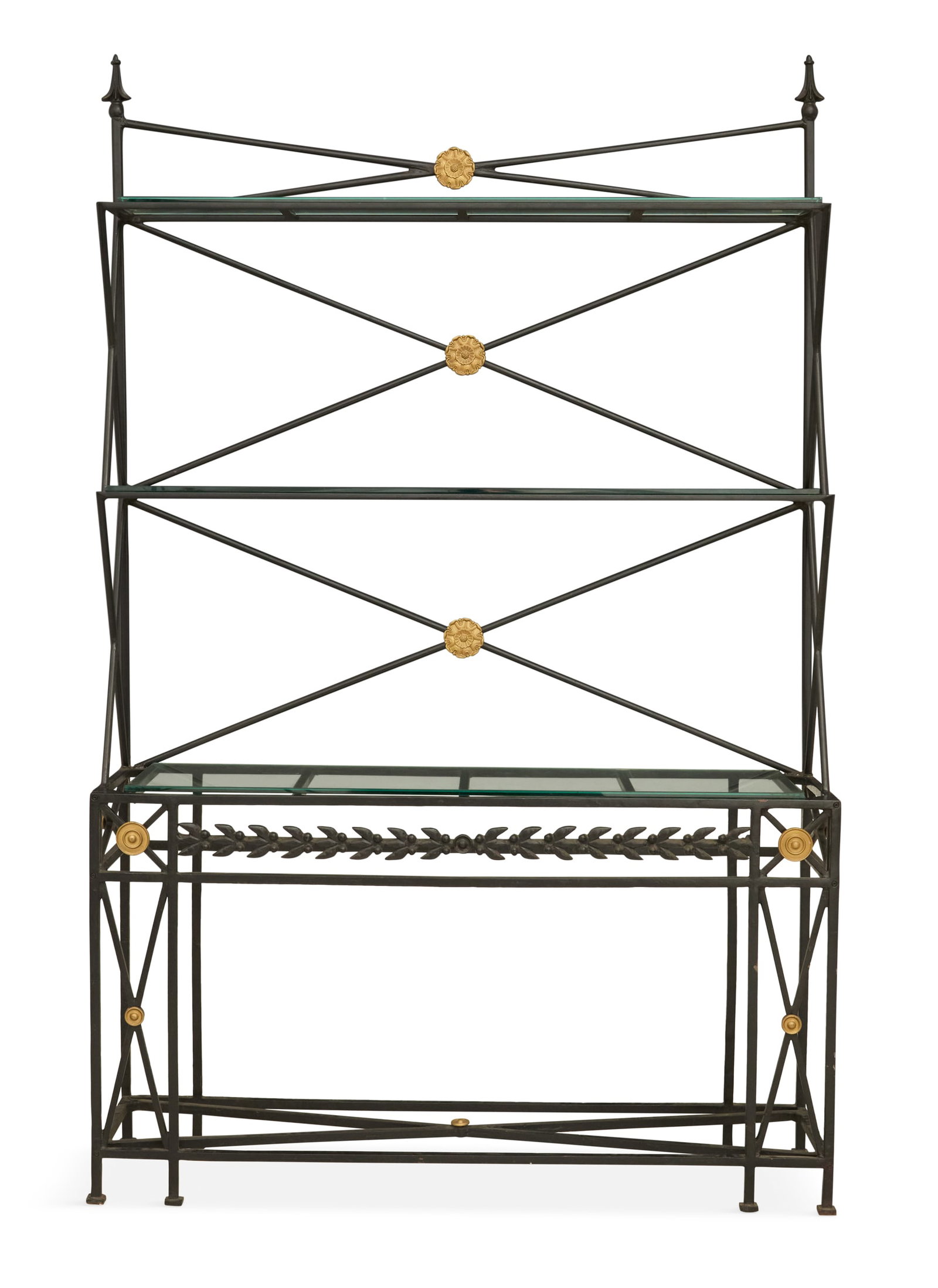 Metal Baker's Rack in the Empire Taste: Metal Baker's Rack in the Empire Taste the baker's rack set with three graduated shelves with X-form stretchers and gilt-metal medallions, over a base set with a row of pierced laurel leaves framed wi
