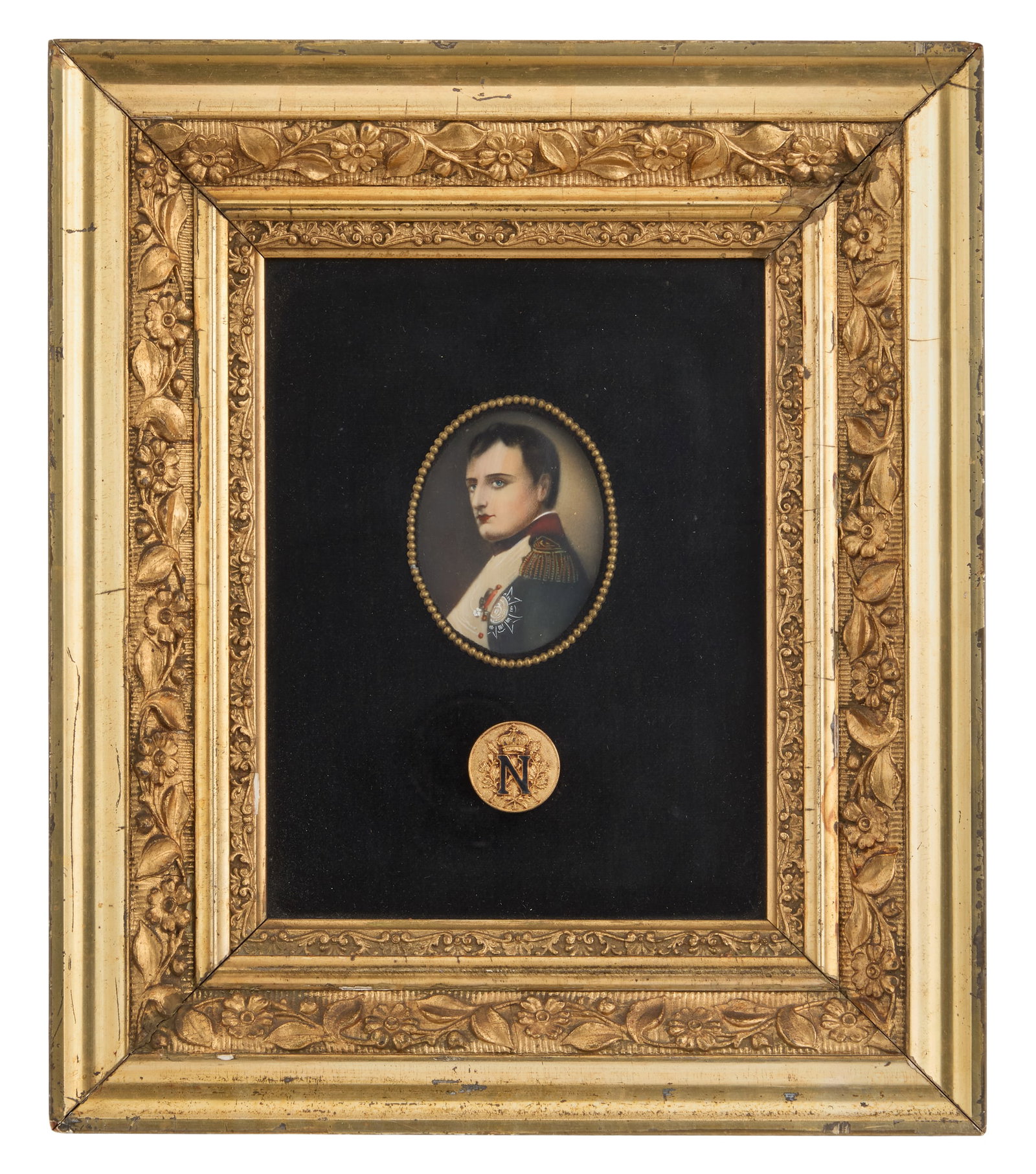 French Miniature Portrait of Napoleon: French Miniature Portrait of Napoleon late 19th/early 20th century, Napoleon depicted with his medals, now in a period giltwood frame, along with a Napoleonic medallion. h. 13-1/2", w. 11-1/2"