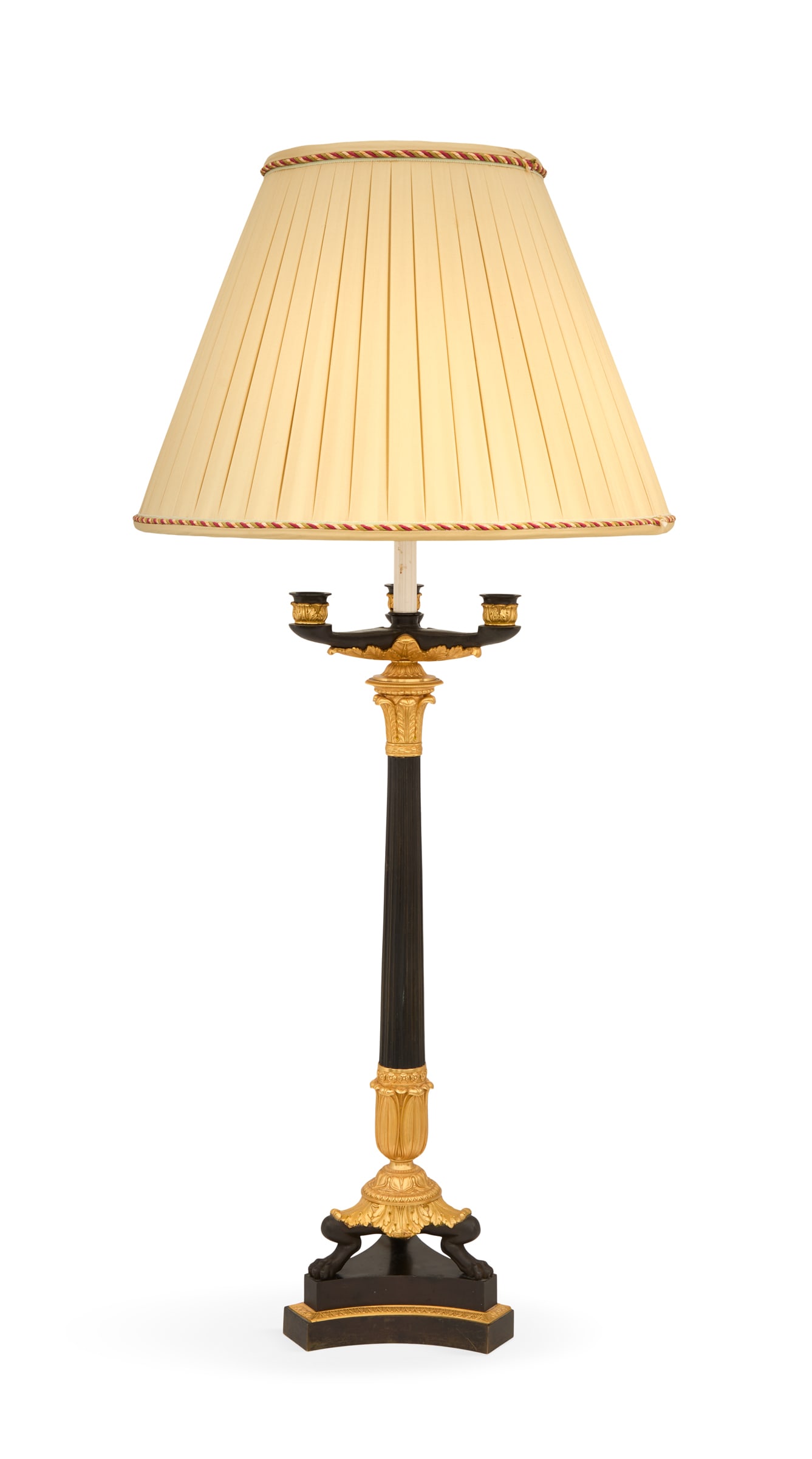 French Bronze Dore et Patine Lamp: French Bronze Dore et Patine Lamp 20th century, in the Empire taste, with three lotus-molded candle sockets mounted on a column-form standard with an Egyptian capital, the base set into lotus leaves, 