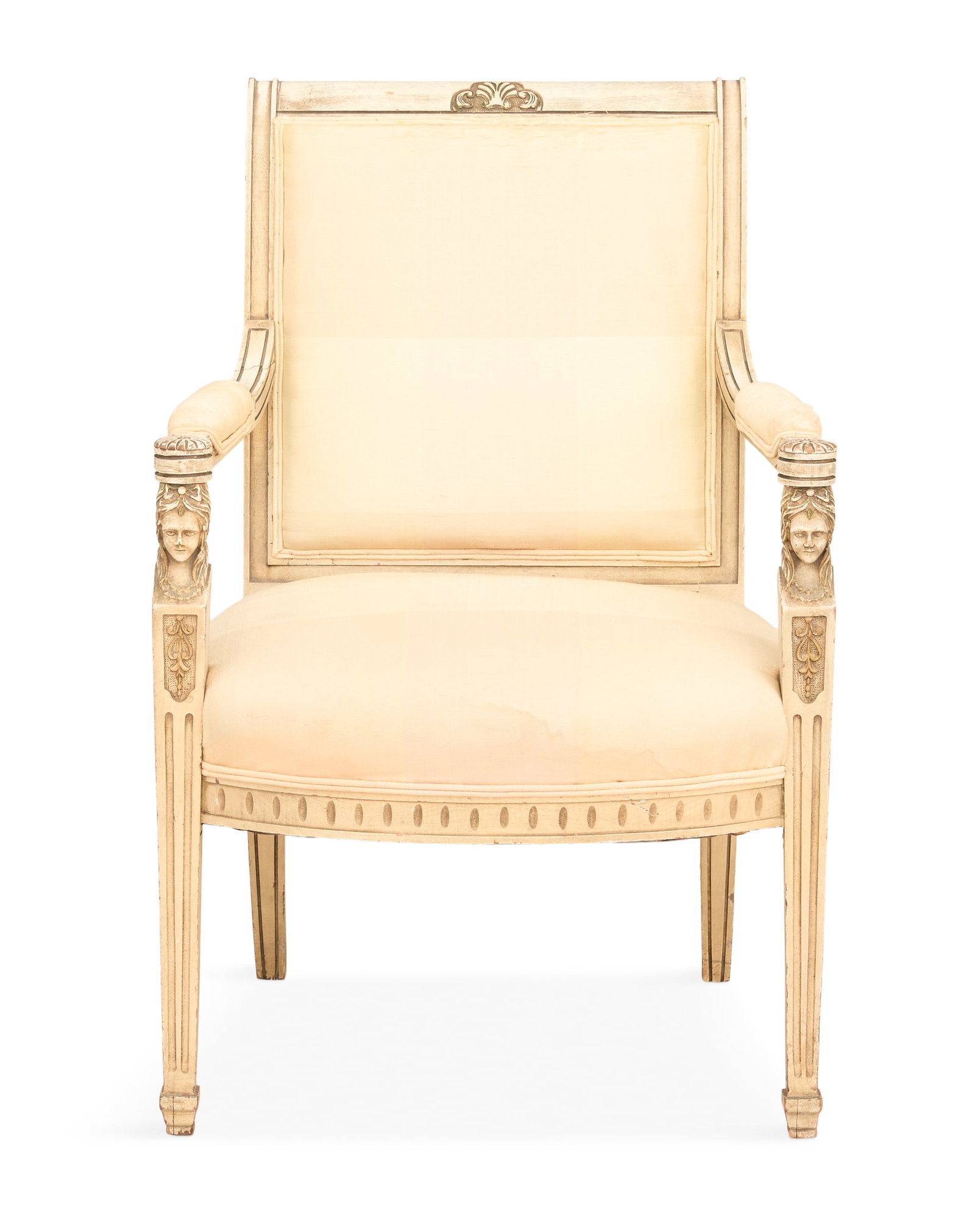 Empire-Style Polychrome Fauteuil: Empire-Style Polychrome Fauteuil 19th century, the padded back surmounted by a backswept palmetto-carved crest, joined by padded arms on maiden's-head uprights to the padded seat, raised on tapered sq