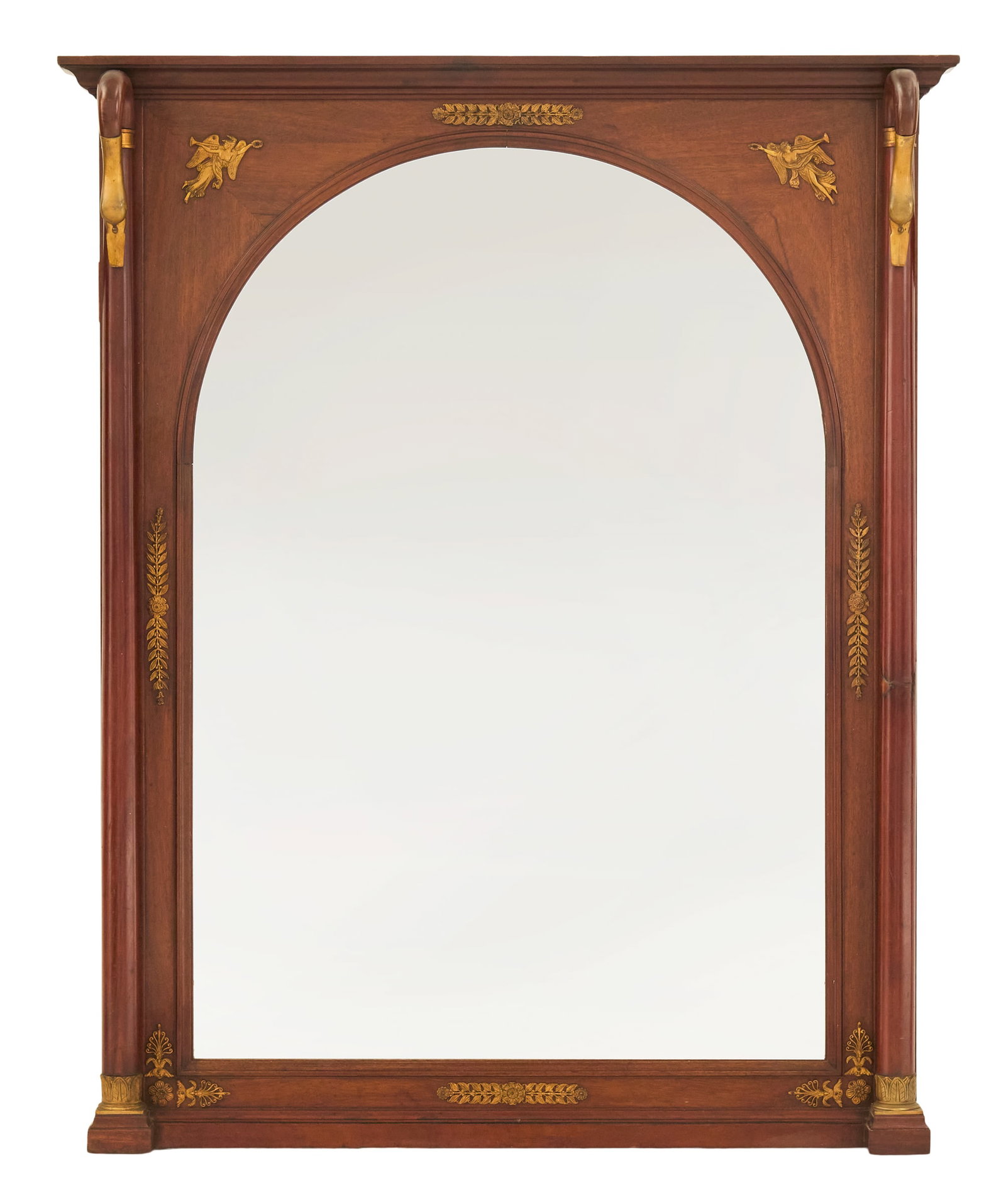 French Mahogany and Gilt-Bronze Mirror: French Mahogany and Gilt-Bronze Mirror early 20th century, in the Empire taste, the arched mirror set into a rectangular mahogany frame, set with columns on each side, with swan-form capitals, and pie