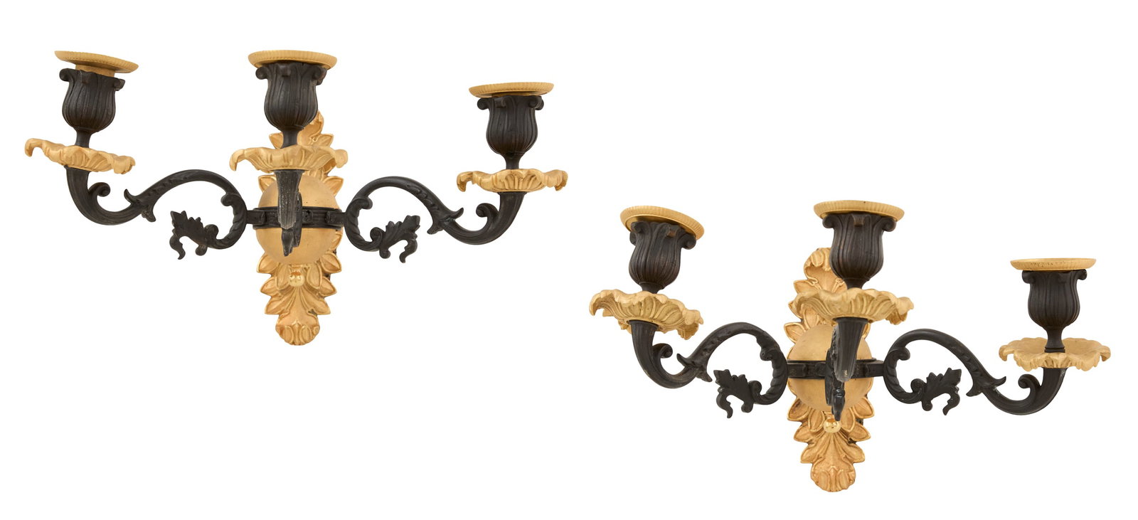 Pair of Empire-Style Bronze Sconces: Pair of Empire-Style Bronze Dore et Patine Sconces 20th century, each with a laurel-molded backplate supporting three leaf-molded and scrolled candle branches set with molded drip pans and sockets set