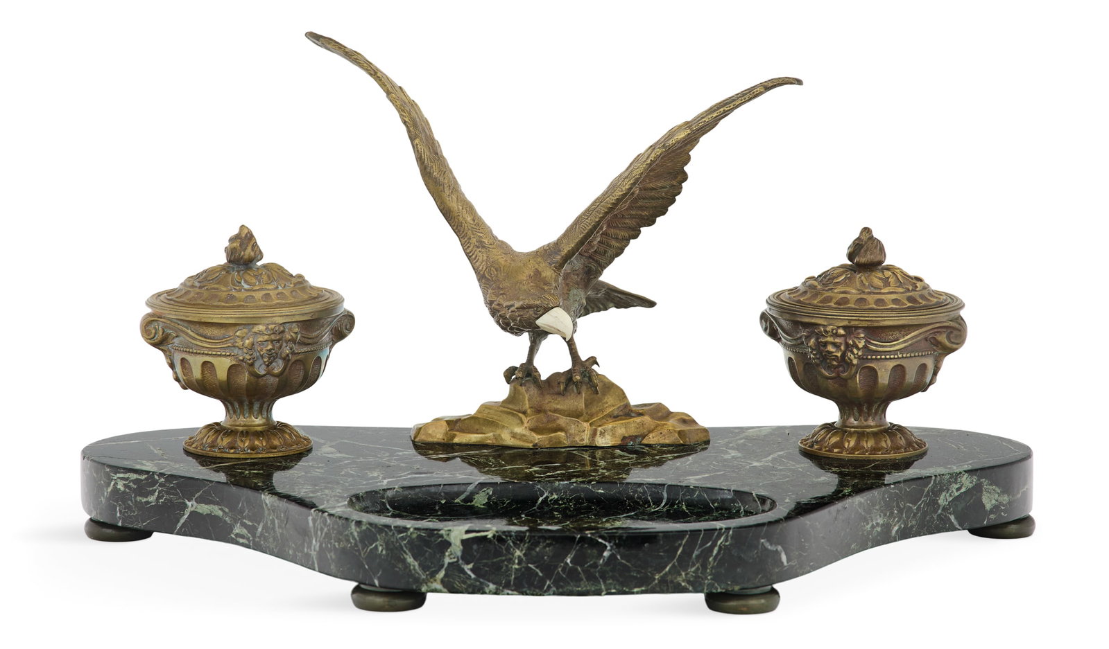 French Bronze and Verde Antique Marble Encrier: French Gilt-Bronze and Verde Antique Marble Encrier early 20th century, the large marble stand set with a displayed eagle, flanked by large covered ink pots with flame finials, the sides with lion's h