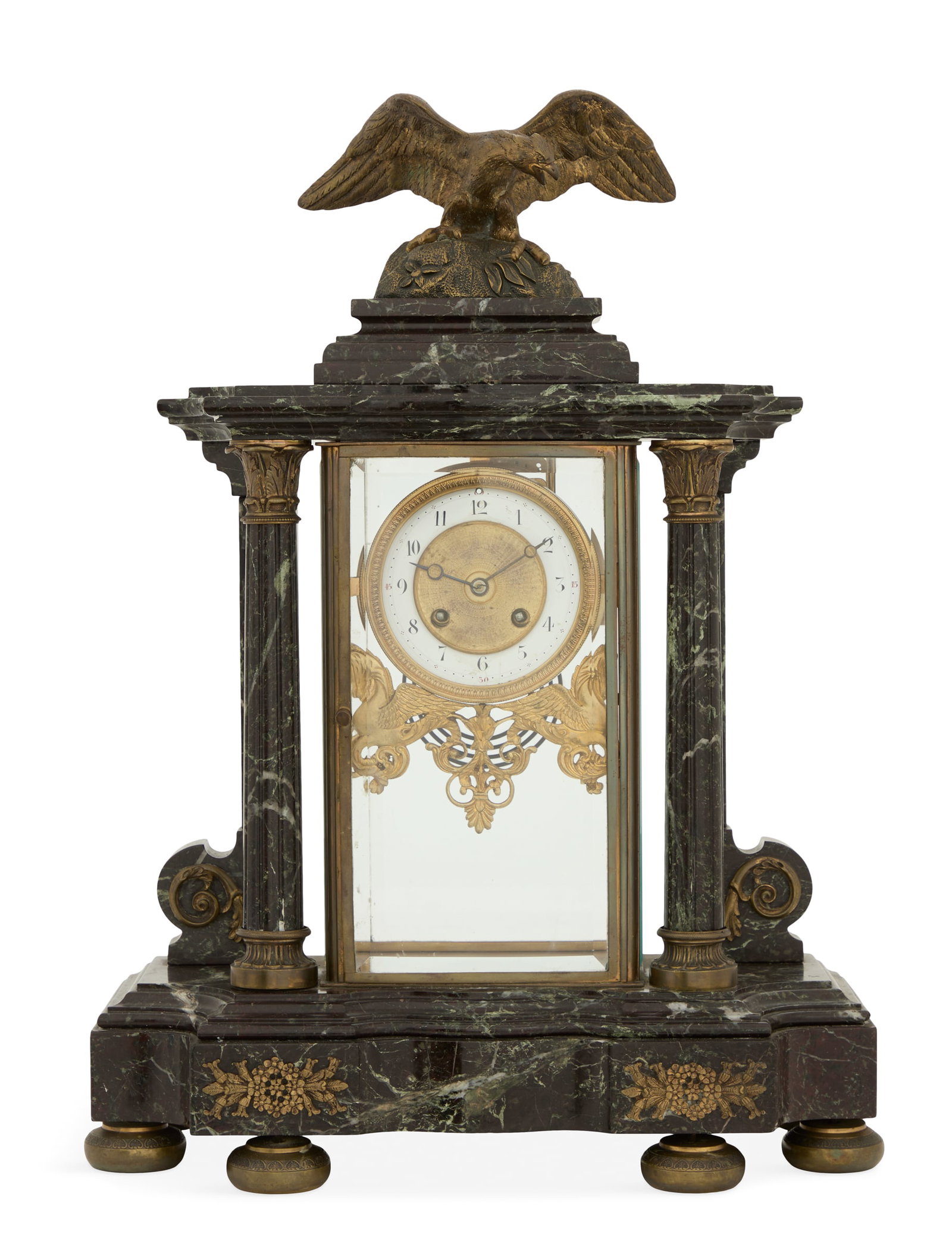 French Marti Crystal Regulator Mantel Clock: French Marti Crystal Regulator Mantel Clock late 19th century, set into a bronze and verde antique marble case, with a bronze eagle finial, the crystal regulator flanked by marble columns with bronze 