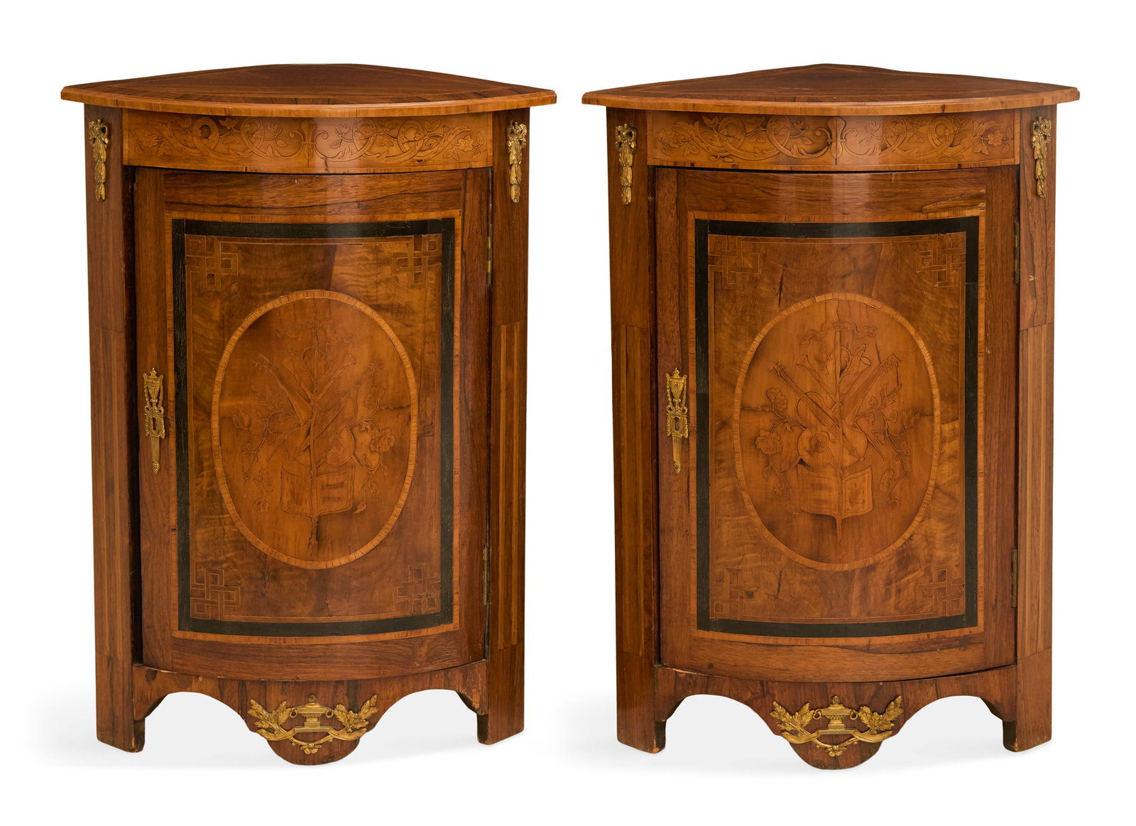 Pair of Napoleon III Rosewood Corner Cabinets: Pair of Napoleon III Inlaid Rosewood Corner Cabinets 19th century, the bowfront-form cabinets with banded and string-inlaid tops, over an inlaid frieze and curved door below, each with an oval panel i
