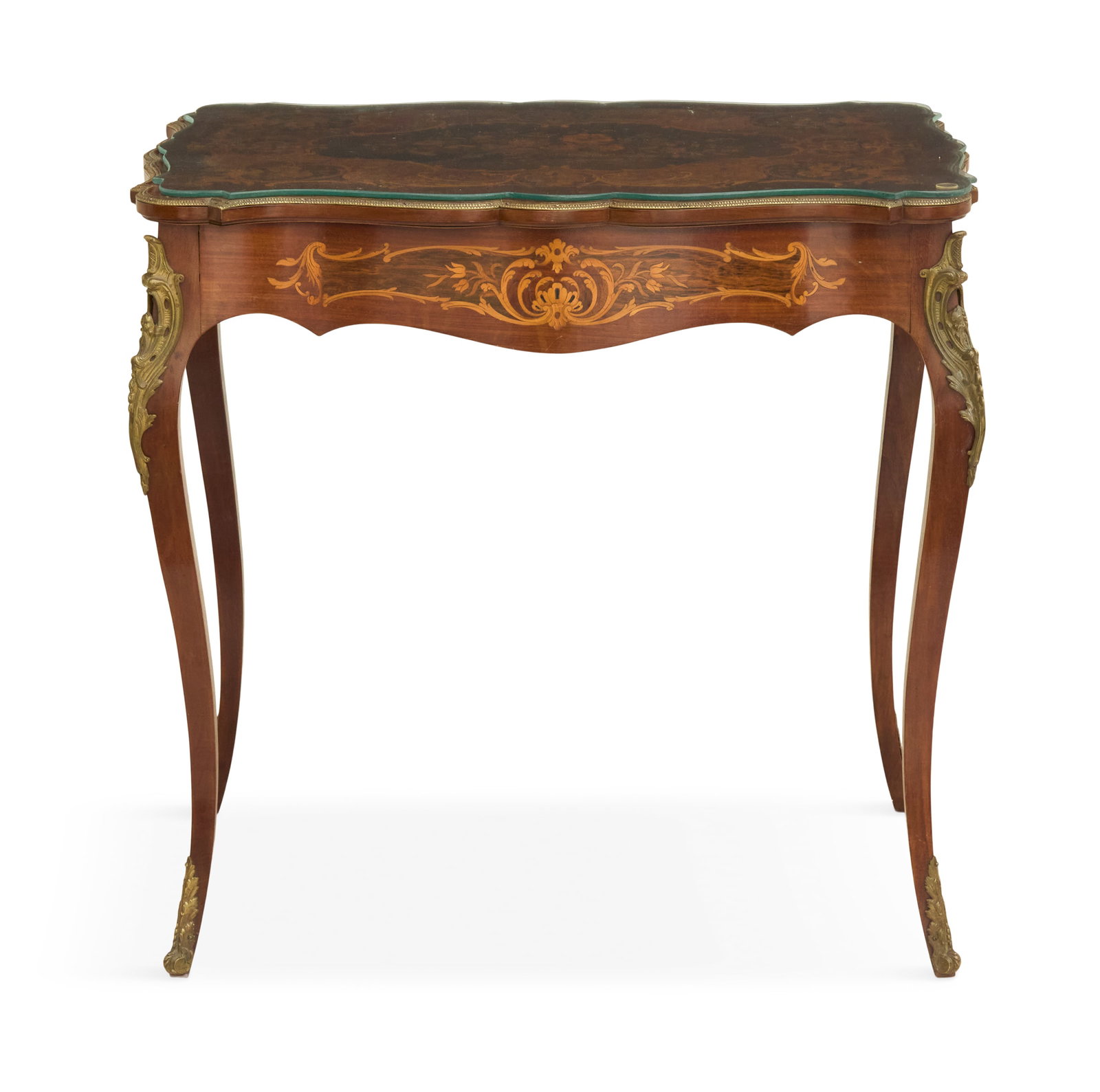 French Kingwood-Inlaid Center Table: French Kingwood-Inlaid Center Table early 20th century, in the Napoleon III taste, the shaped top with floral inlays and bronze trim, raised on cabriole legs with bronze mounts. h. 29-1/2", w. 31", d.