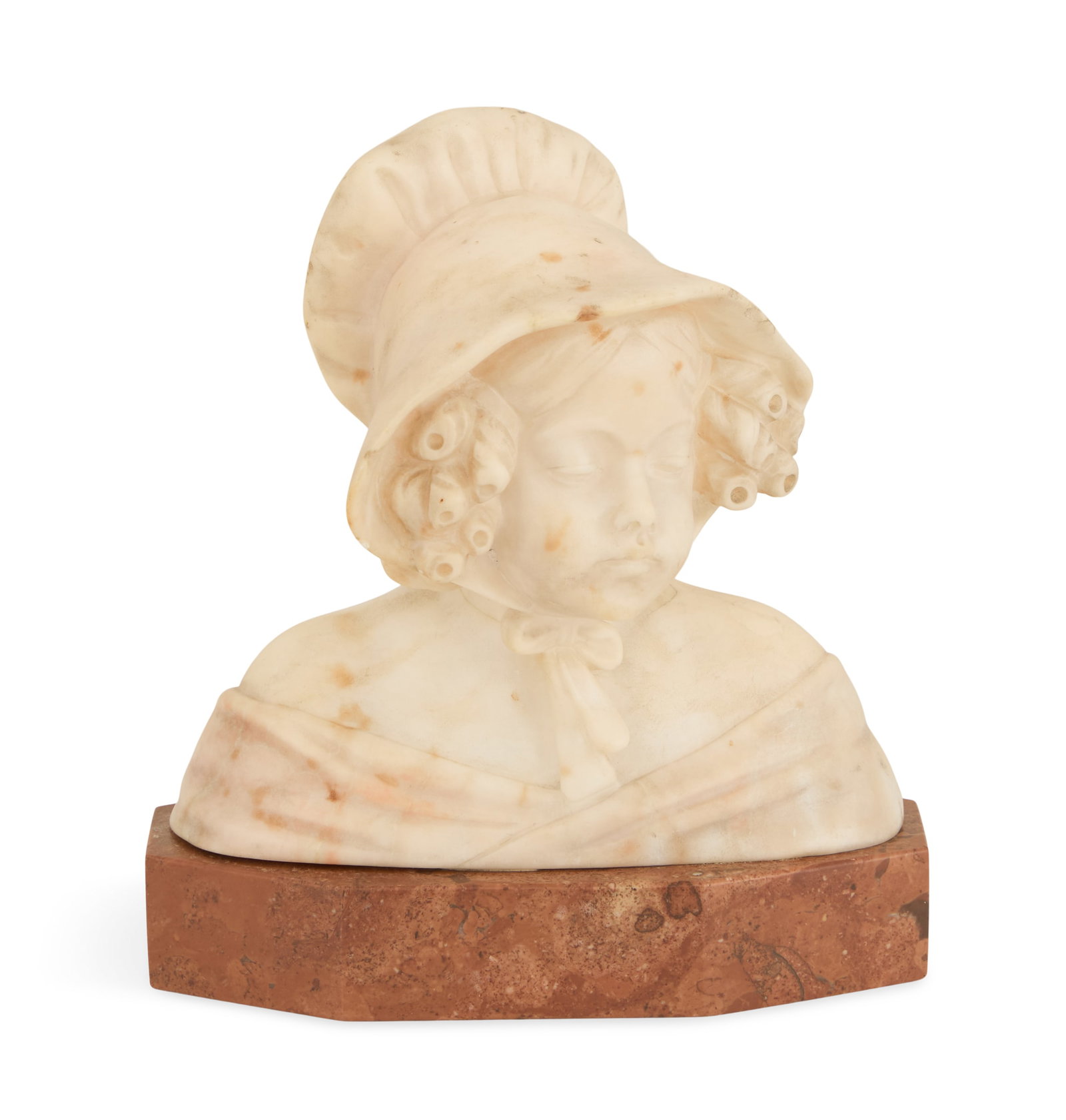 Small Alabaster Female Bust: Small Alabaster Female Bust late 19th/early 20th century, the demure young woman wearing a bonnet, on a mottled rouge marble plinth. h. 7-1/2", w. 6-3/4", d. 3-1/2"