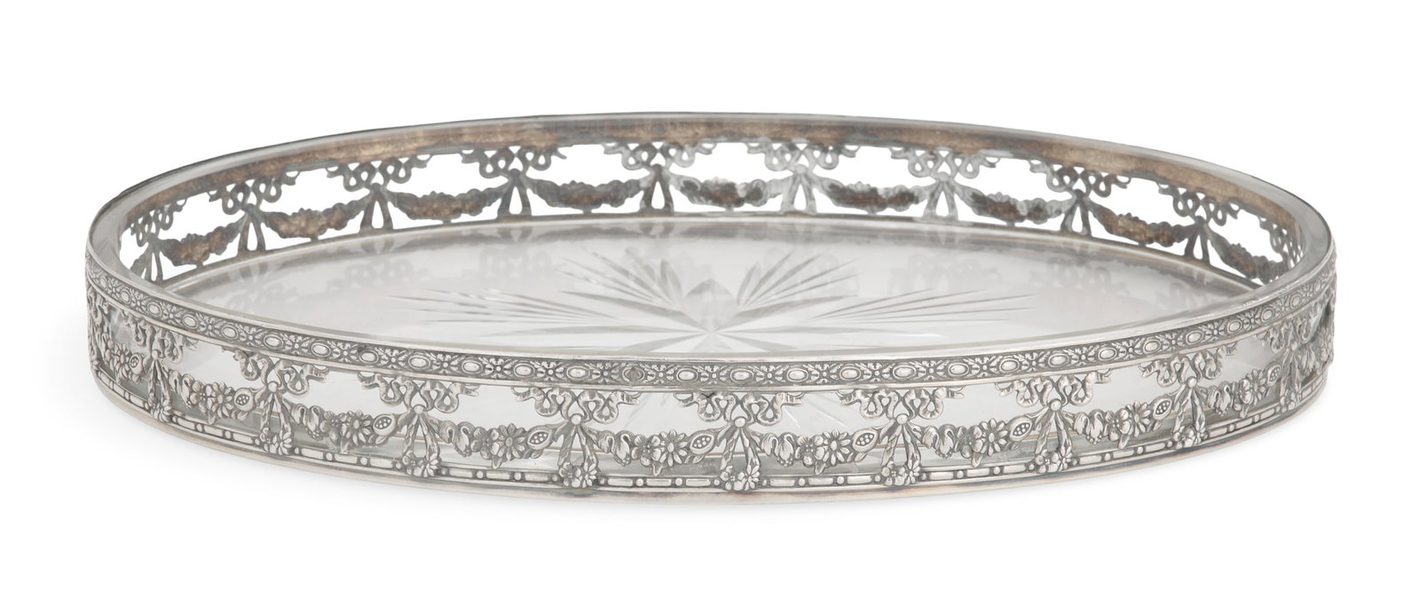 French Silver and Glass Vegetable Dish: French Silver and Glass Vegetable Dish first quarter 20th century, Paris, by Charles Albert Forgelot (1876-1975), retailed by Tiffany & Co., New York, New York, of oval form, the first standard (.950)