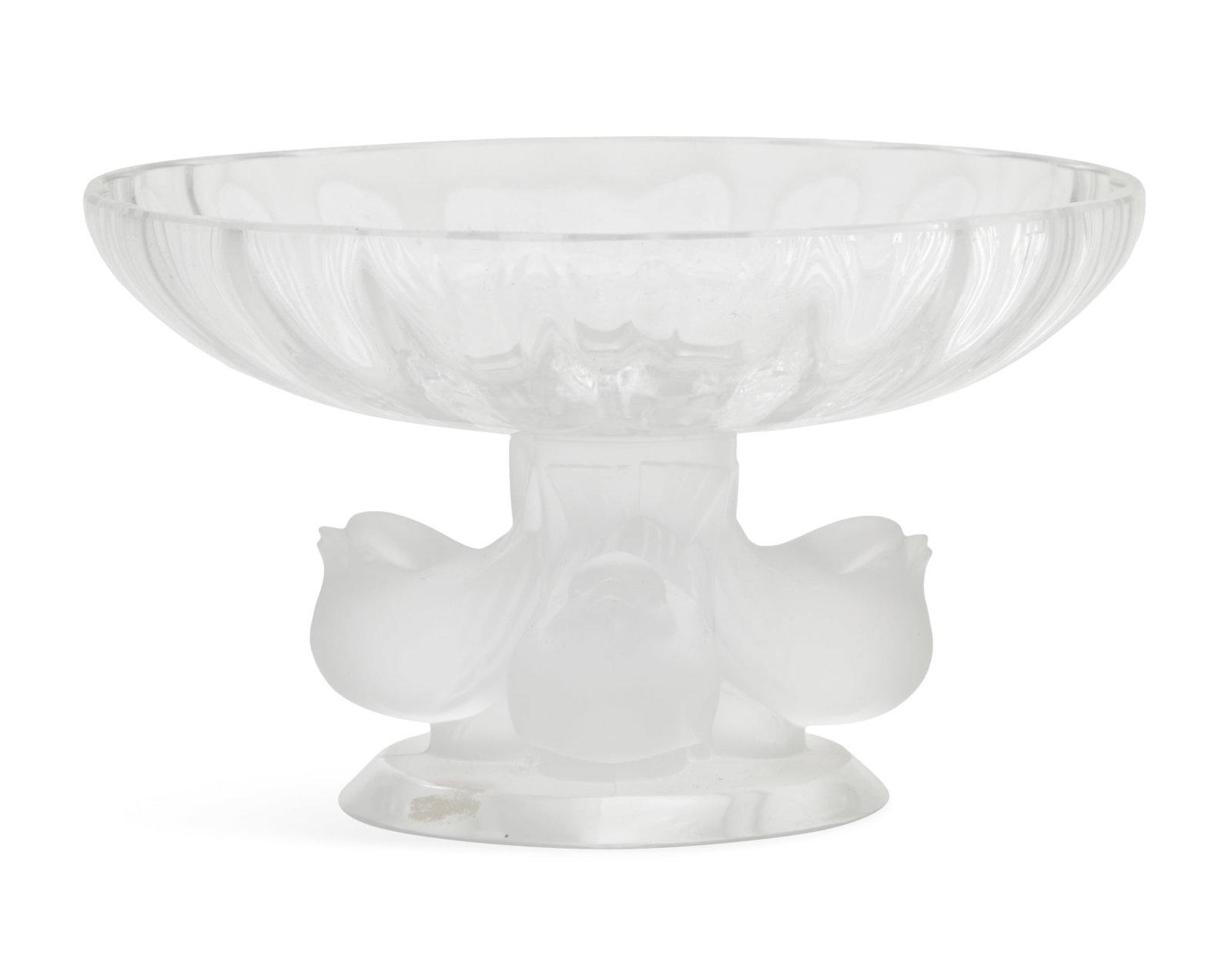 Lalique "Nogent" Sparrow Tazza: Lalique "Nogent" Sparrow Tazza late 20th century, the crystal tazza with a molded bowl mounted on a base decorated with frosted sparrows, the base engraved in script, "Lalique France". h. 3-1/2", dia.