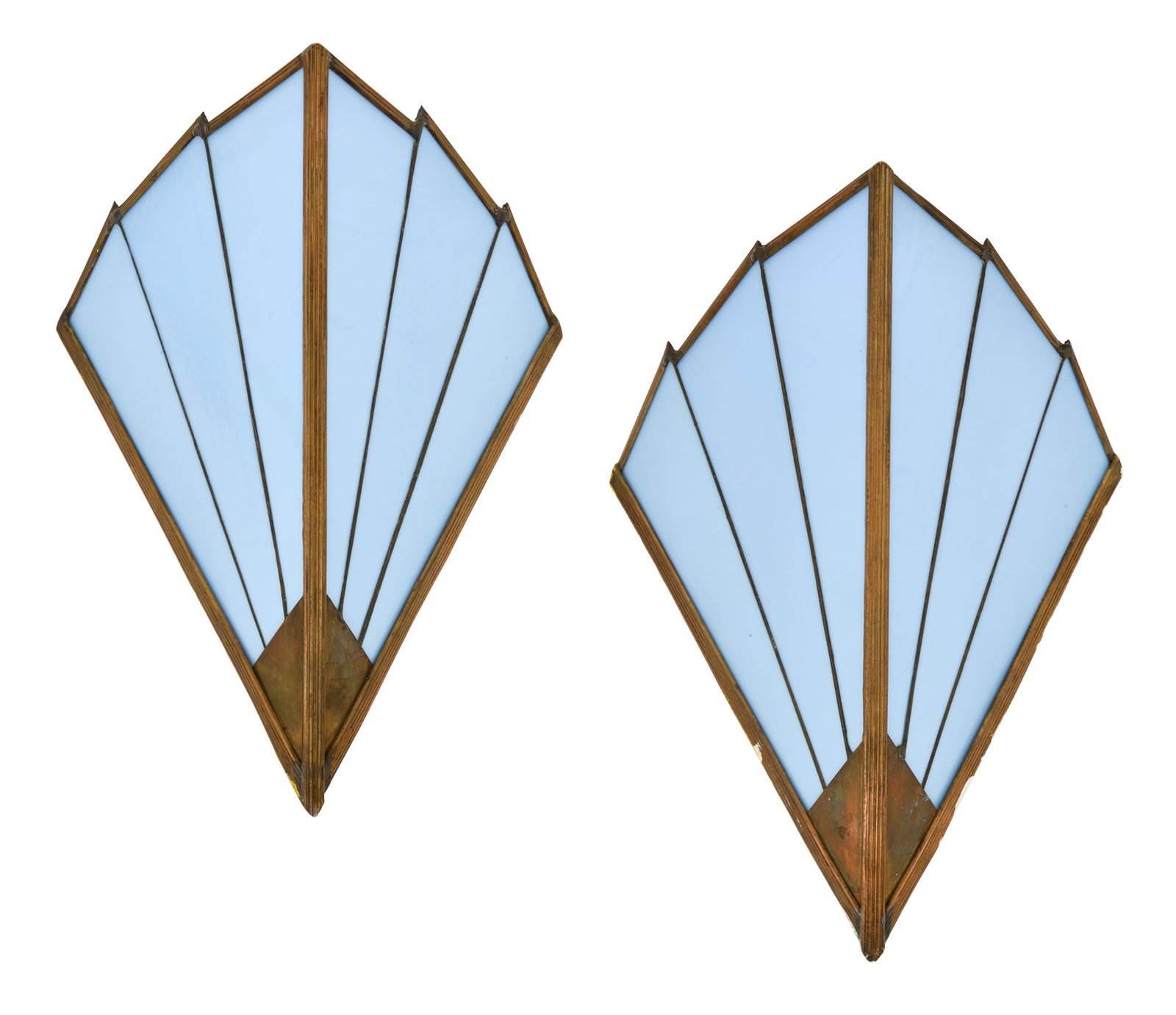 Pair of Continental Art Deco Sconces: Pair of Continental Art Deco Sconces first half 20th century, the angular reeded brass frames set with textured glass panels, electrified with one light each. h. 12-3/4", w. 11", d. 8-1/2" The Estate 