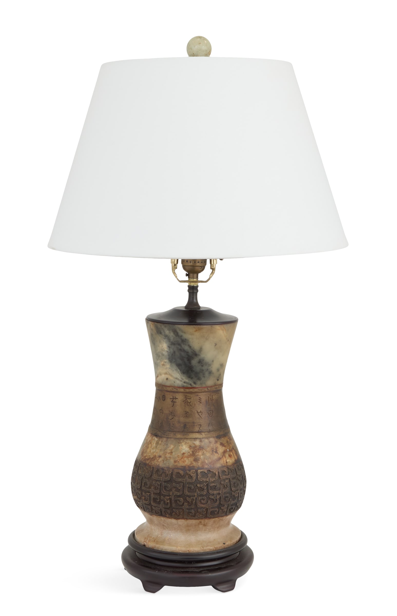 Chinese Bronze and Hardstone Vase Lamp: Chinese Bronze and Hardstone Vase Lamp 19th century or earlier, the pear-form vase composed of four sections with three different types of hardstone, divided by bronze sections with archaistic designs