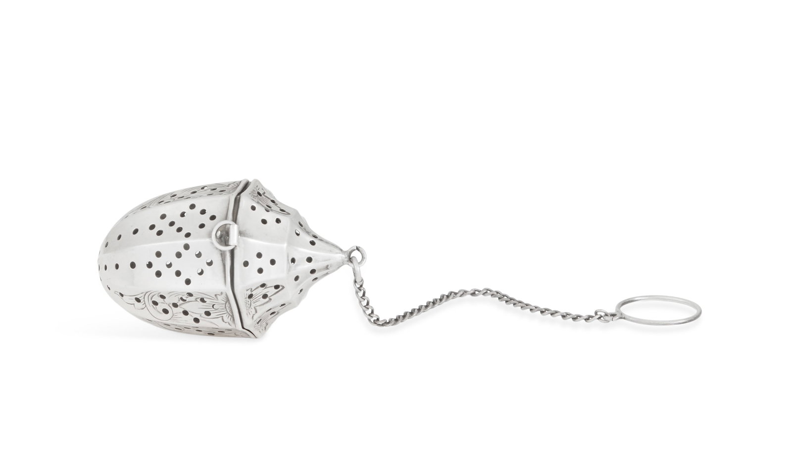 American Sterling Silver Tea Ball: American Sterling Silver Tea Ball second quarter 20th century, by the Webster Co., North Attleboro, Massachusetts, of paneled urn form, pierced and engraved with hinged lid and suspension chain. h. 2-