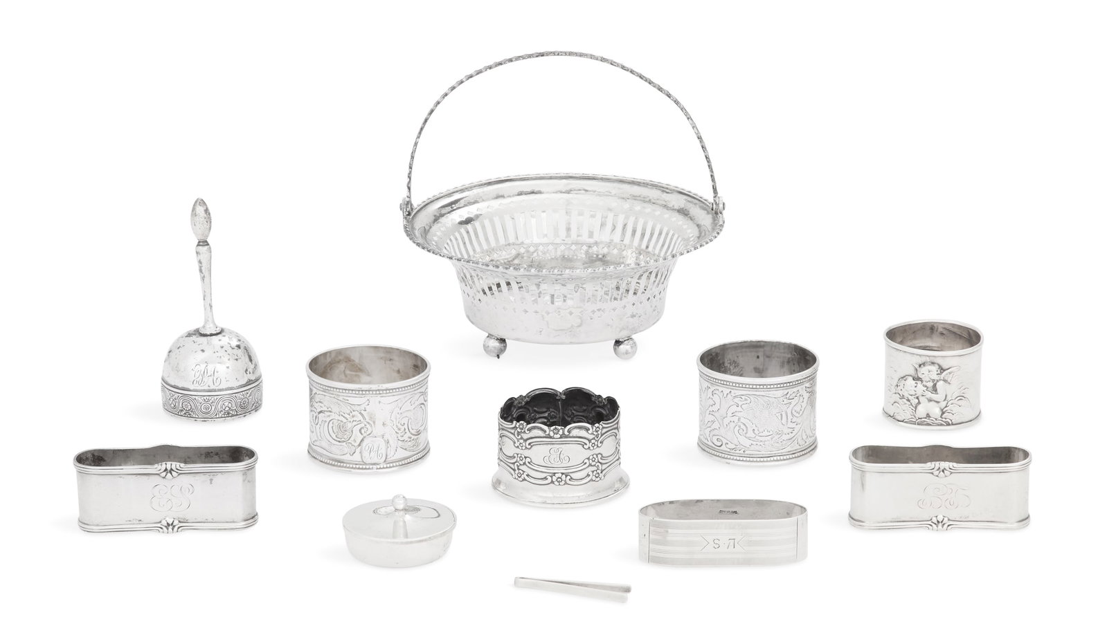 Assorted American Small Sterling Silver Tableware: Assorted American Small Sterling Silver Tableware second and third quarters 20th century, including: a Gorham dinner bell with aesthetic-style banding, monogrammed "PA", h. 3-3/4", dia. 1-5/8"; a Tiff
