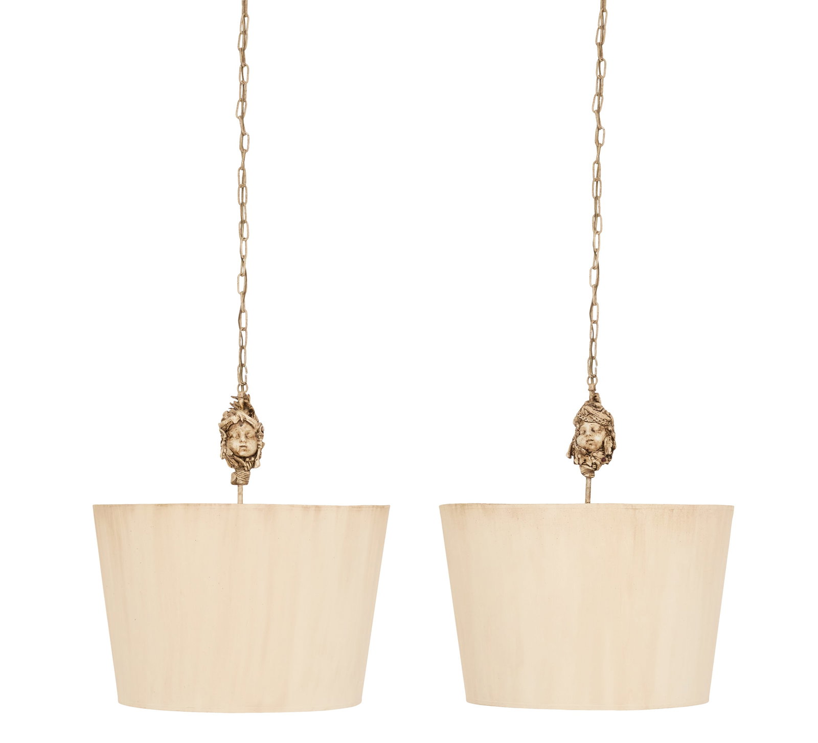 Pair of Paul Gruer Putti Head Hanging Lights: Pair of Paul Gruer Sculpted Putti Head Hanging Lights 21st century, New Orleans, Louisiana, the pair of custom hanging lights decorated with patinated double-sided sculpted clay putti heads ornamented
